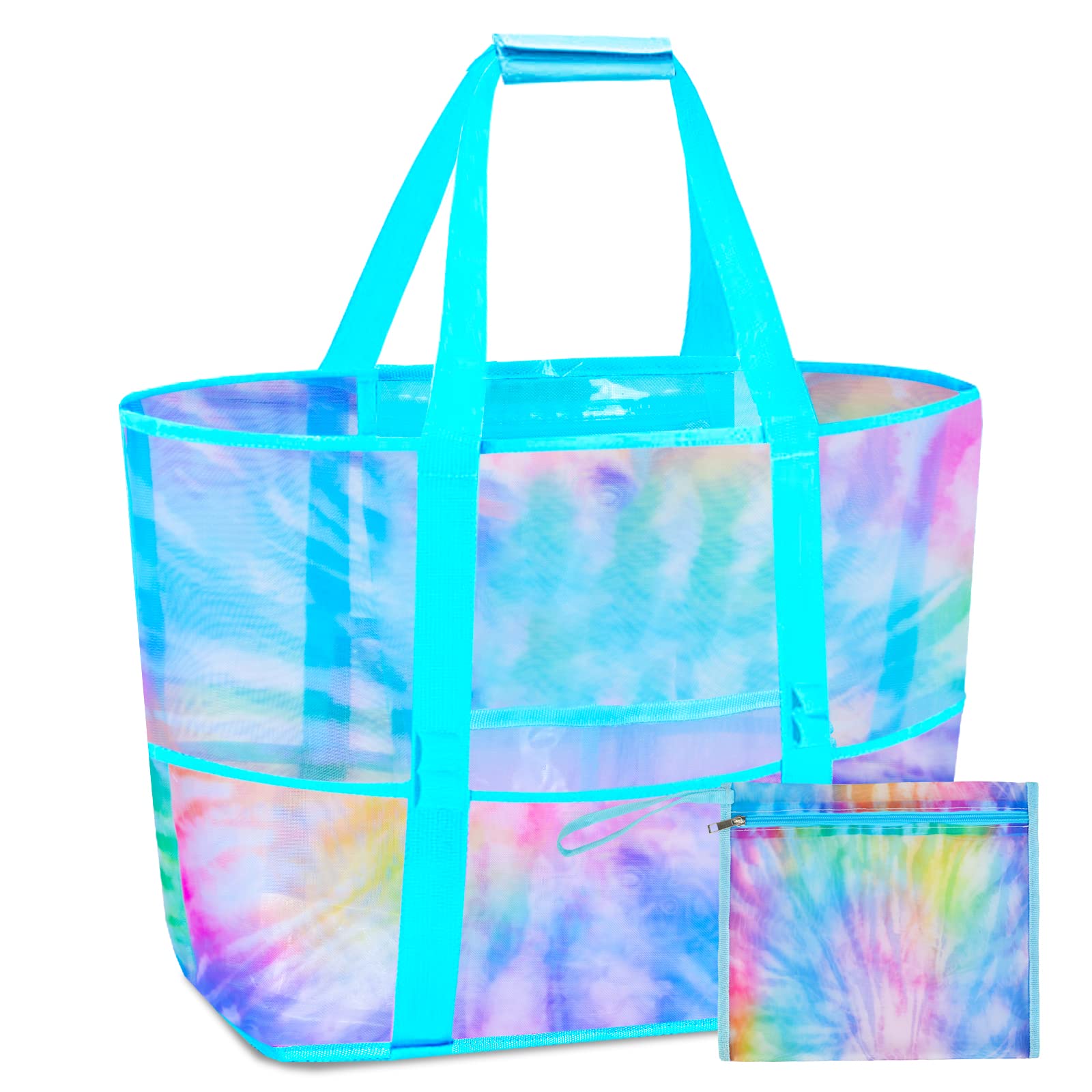 Nidoul Mesh Tote Bag with Zipper Pocket, Packable Large Beach Bags for Women Kids Vacation Travel Pool Swim