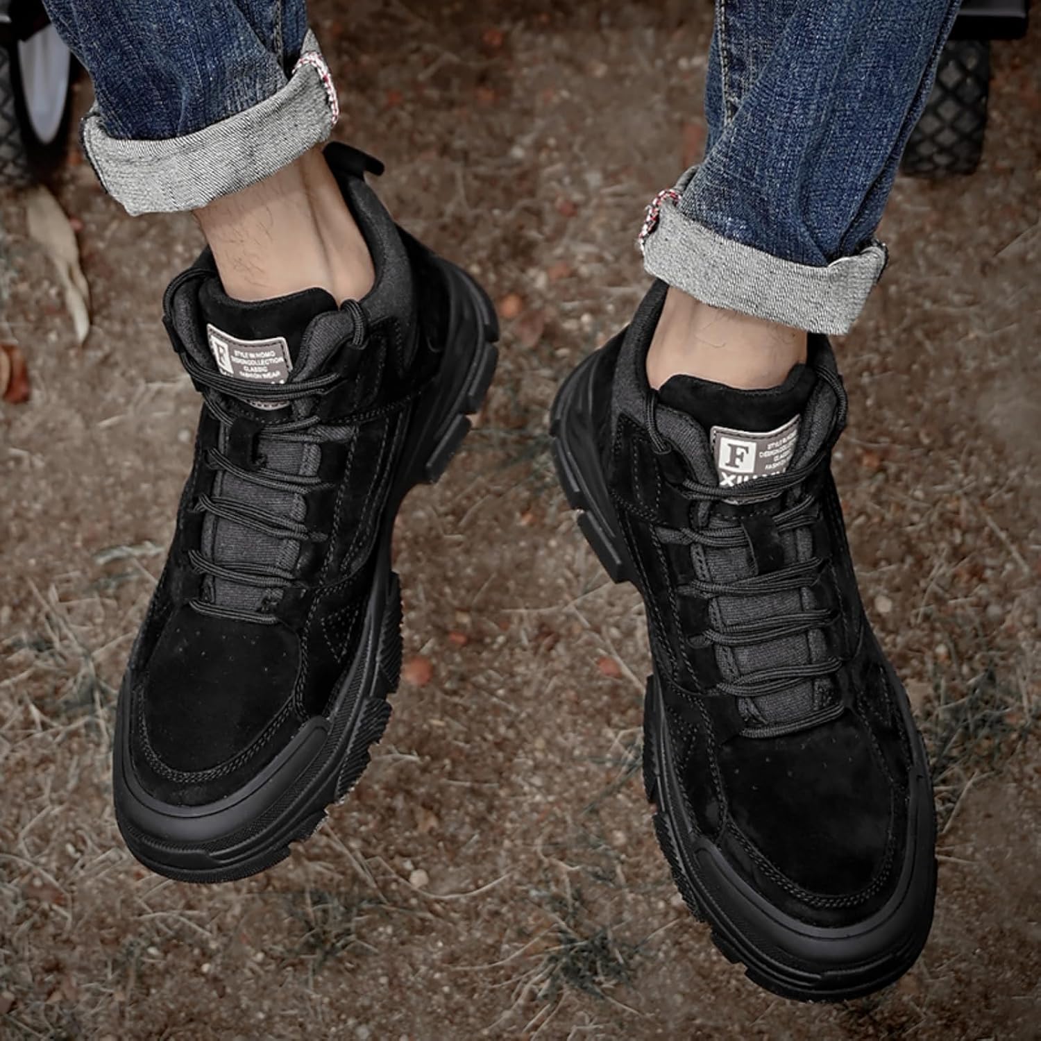 Men's Fashion Genuine Leather High Top Lace-Up Outdoor Hiking Boots Comfort Round Toe Non-Slip Casual Shoes for Walking Hiking Farm Backpacking