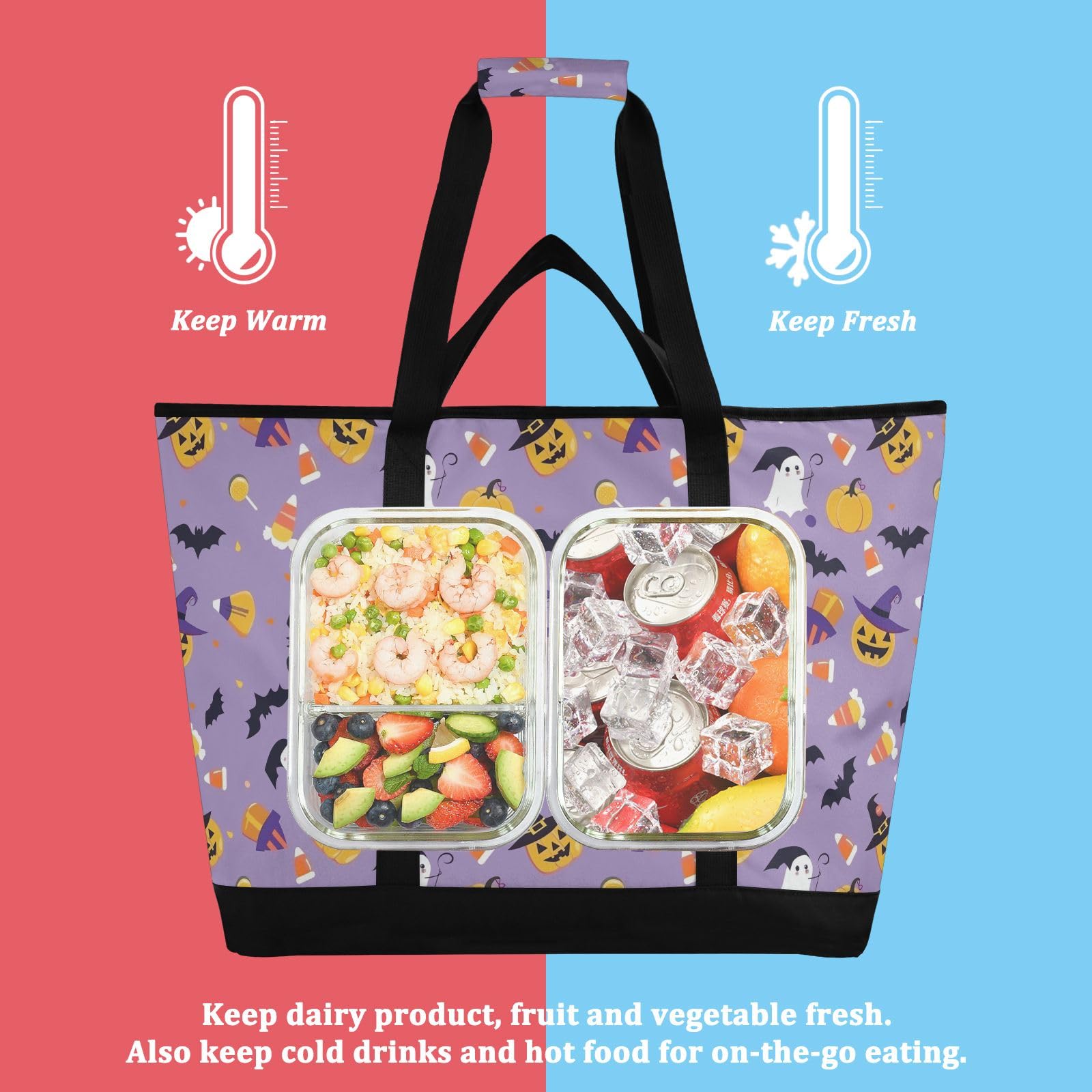 Bonita bolsa térmica aislada con patrón de Halloween, bolsas de compras reutilizables con cremallera, bolsa térmica grande portátil para viajes o camping