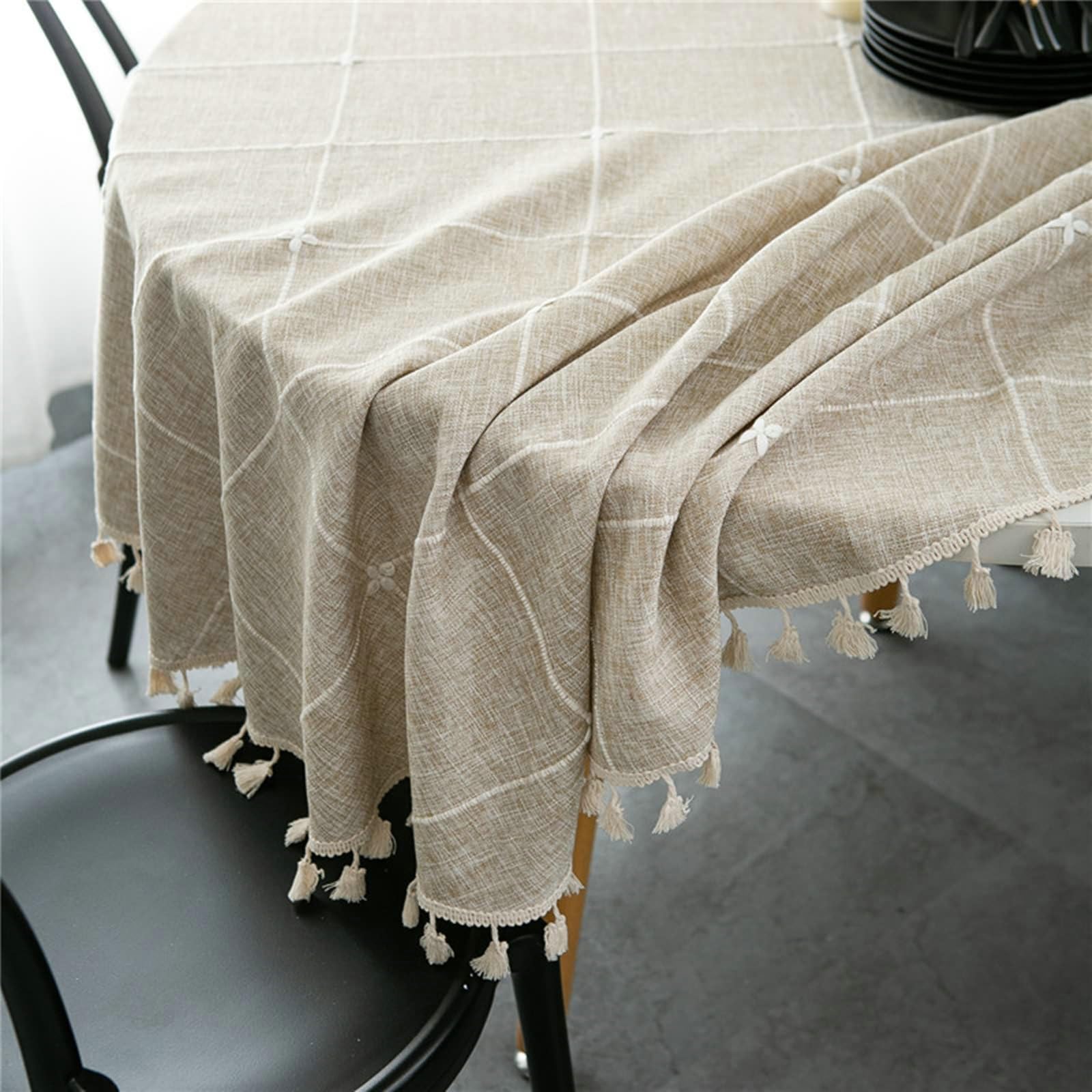 Gualiy Mantel Redondo Restaurante, Poliéster Algodón Manteles de Mesa Round 180CM Mantel de Cocina Antimanchas Jacquard de Cuadros con Borlas Mantel para Mesa de Cocina, Café Claro