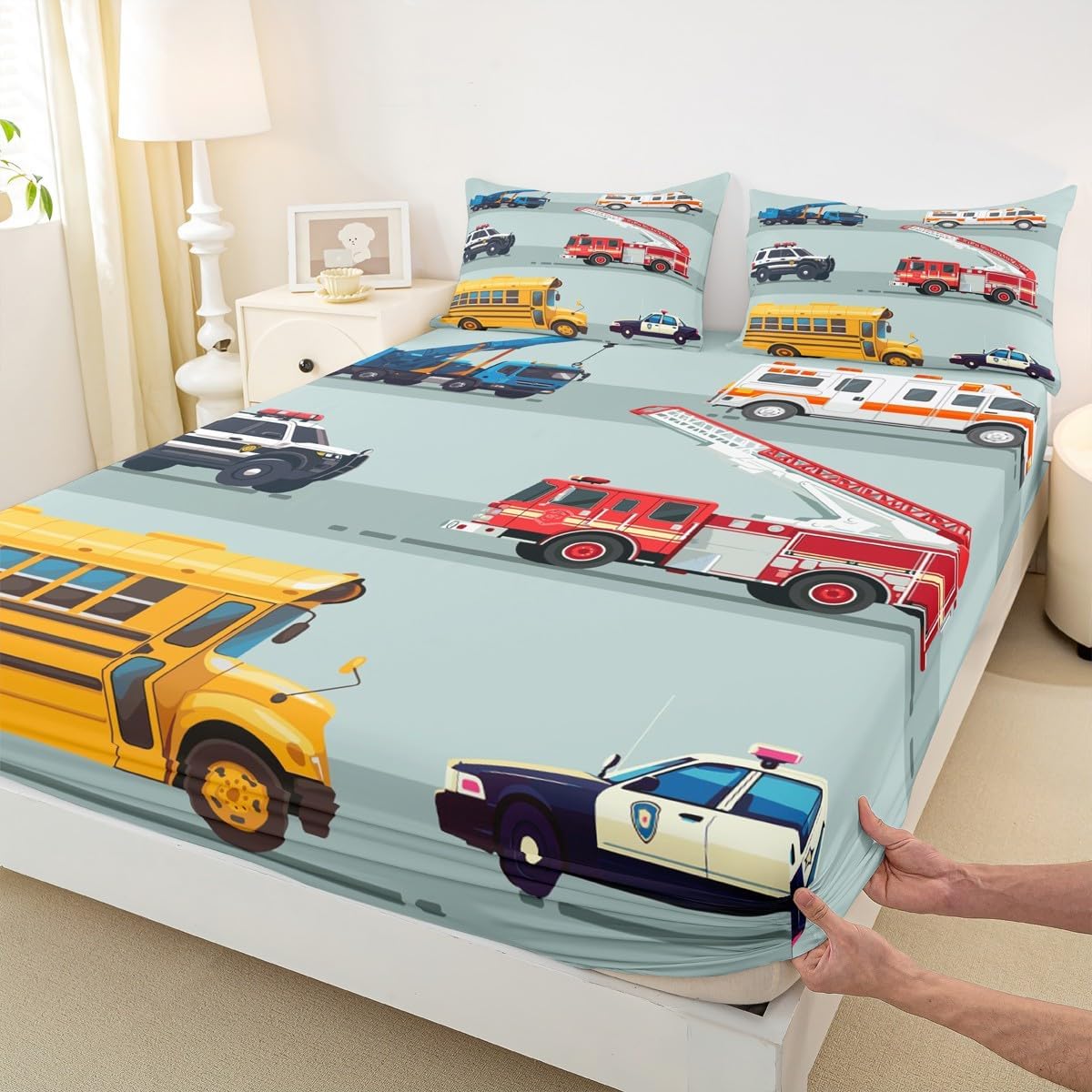 Cartoon Car Bed Sheet Set Police Car Fitted Sheet for Kids Boys Girls Teens Room Decor Fire Truck Bedding Set Emergency Responder Vehicles Red Yellow Bed Cover 2Pcs Twin Size