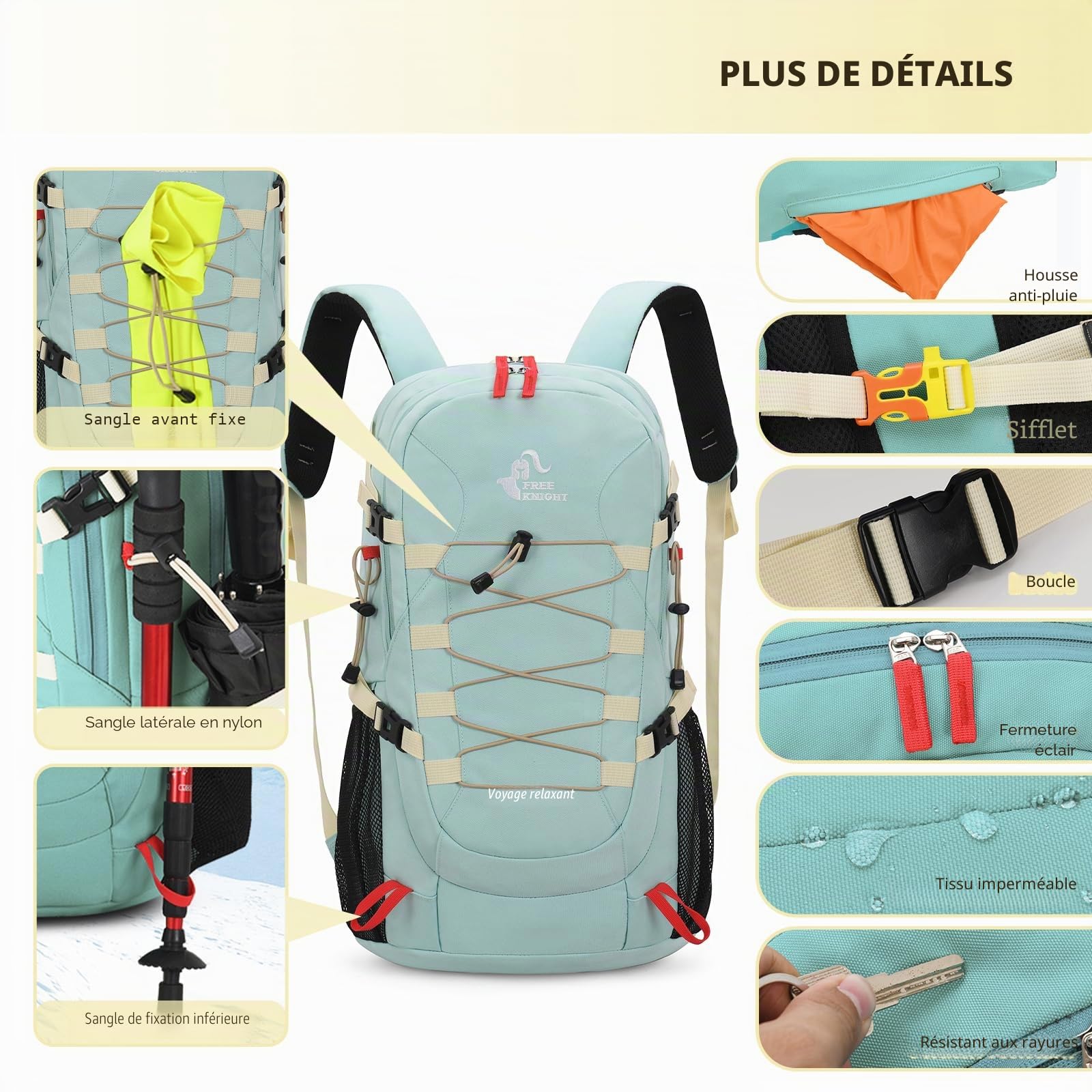 Bseash Sac à dos de randonnée/de voyage léger et imperméable 40L avec housse de protection contre la pluie, pour le sport en extérieur, pour le camping, l'escalade, le ski et le cyclisme