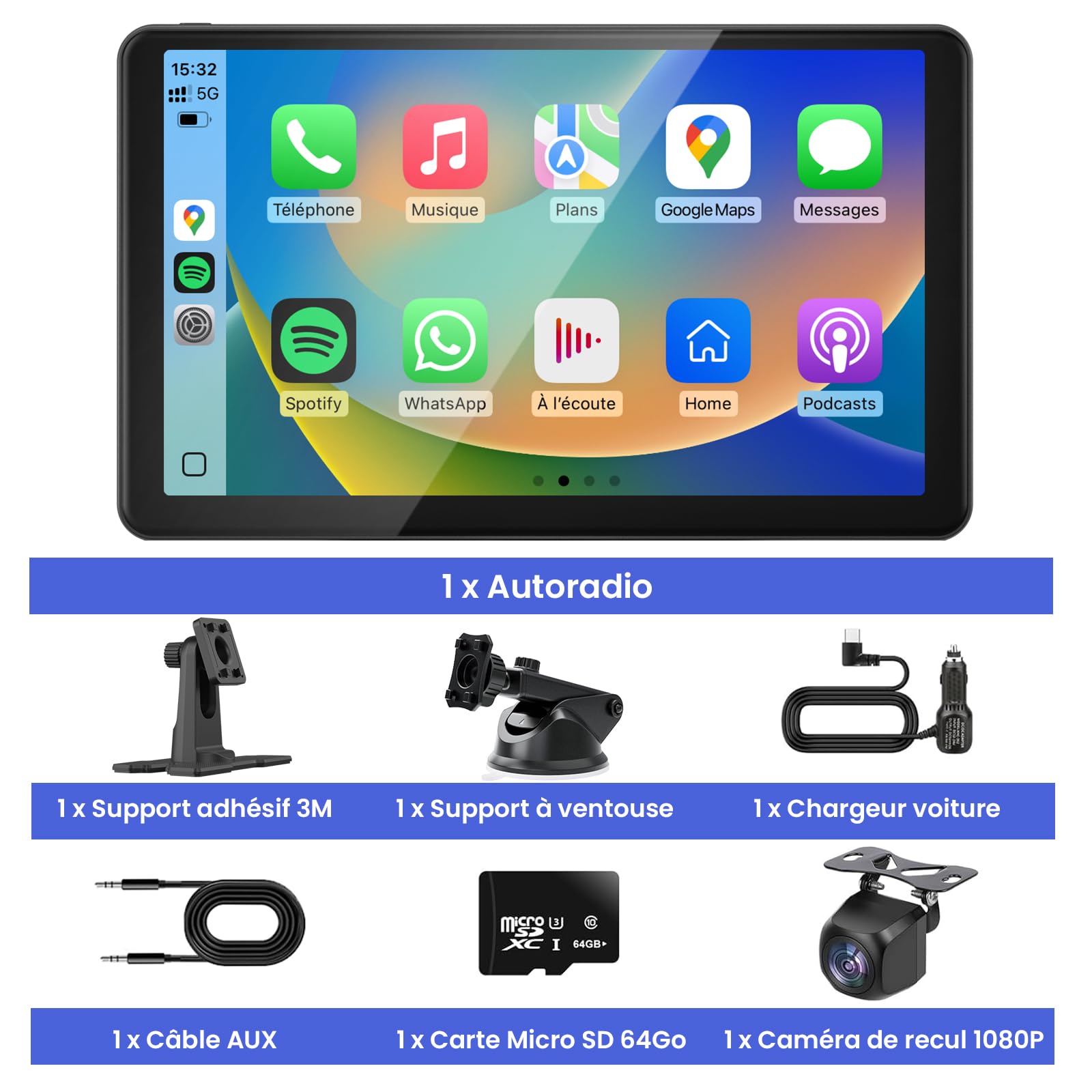 9 Pouces Écran Voiture avec Caméra de Recul, CarPlay sans Fil Android Auto | Portable Autoradio de Voiture avec Commande Vocale, Navigation GPS, FM, MirrorLink, Bluetooth Appels avec Mains Libres, AUX