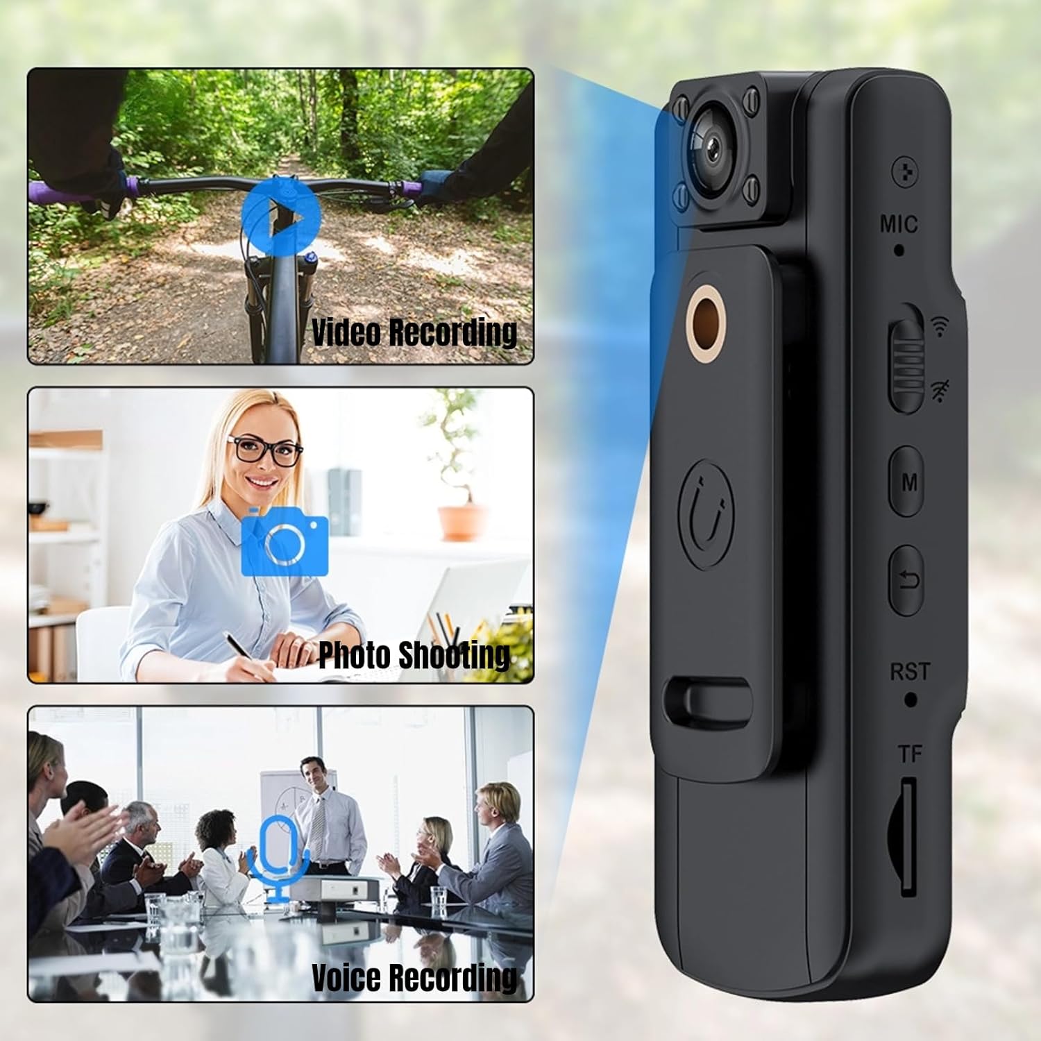 Mini Body Camera showing capabilities for video recording, photo shooting, and voice recording