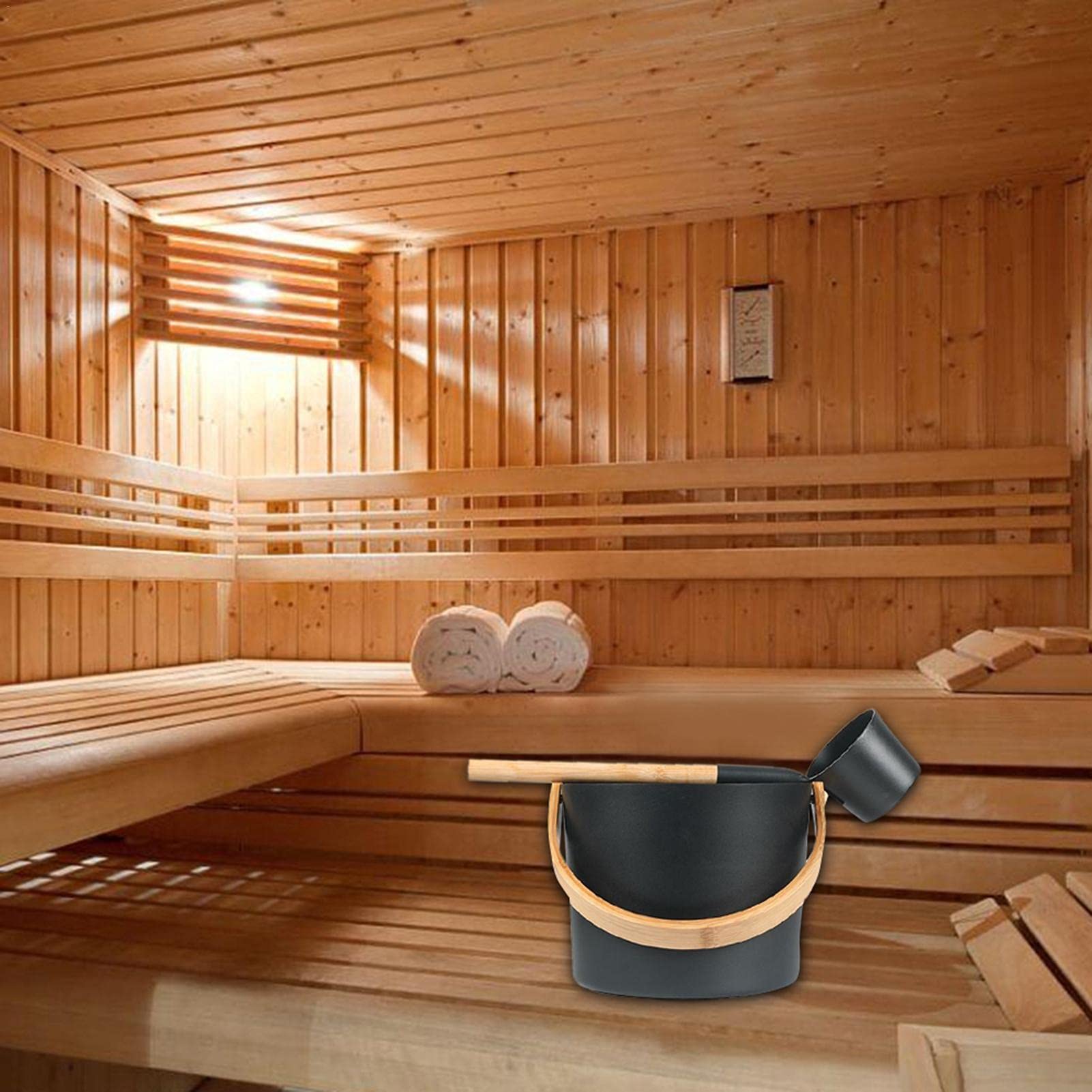 Stea_m Juego de cubo y cucharón de aluminio 7 litros para sauna mango largo
