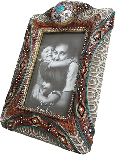 Miniatura 2 de Ebros Gift Conchos plateados rústicos del suroeste con gemas turquesas y patrones tribales de 5 x 7 pulgadas, marco de fotos, figura de rancho