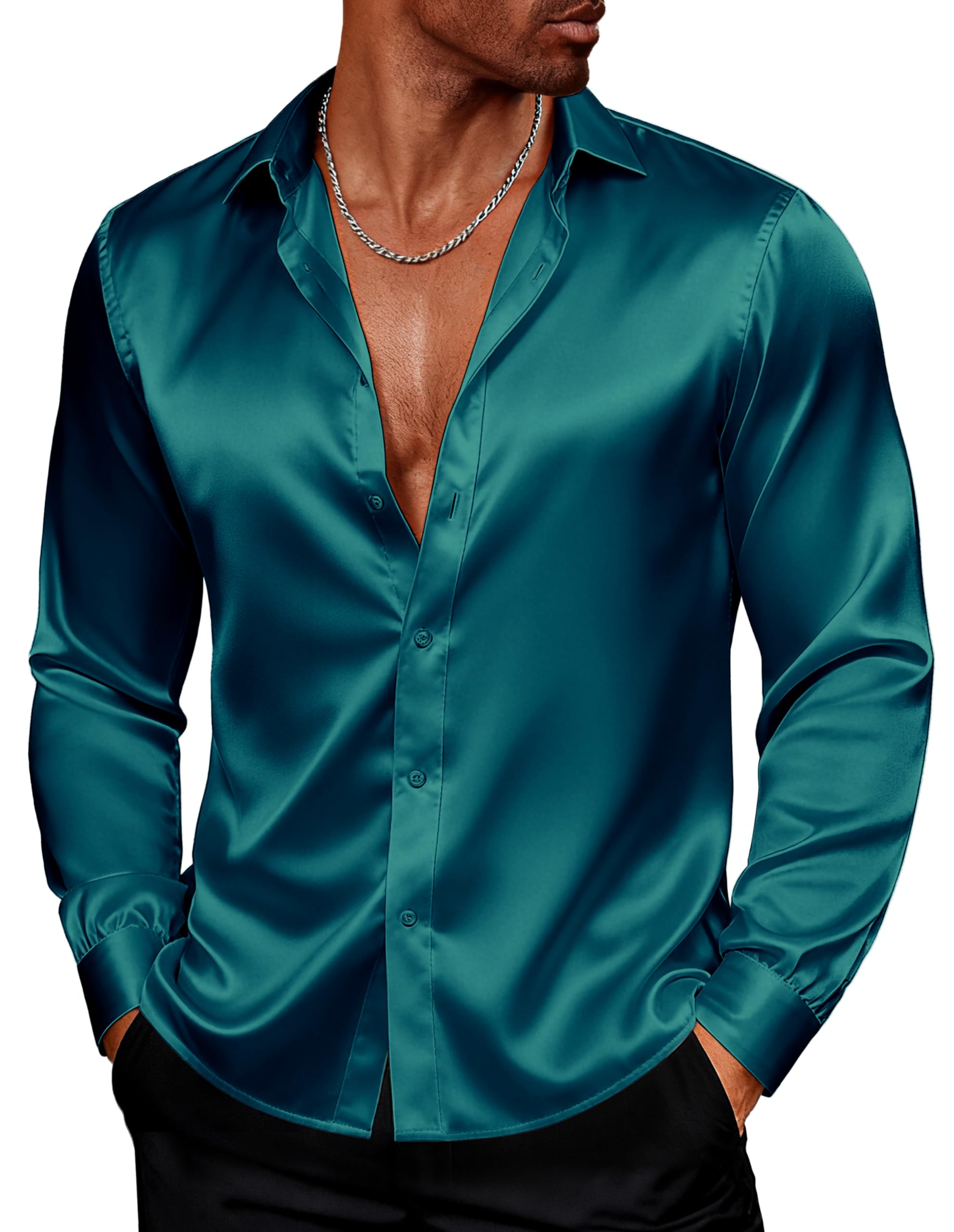 PJ PAUL JONES, Camisa de vestir de satén y seda brillante con botones para hombre, con pajarita, de manga larga