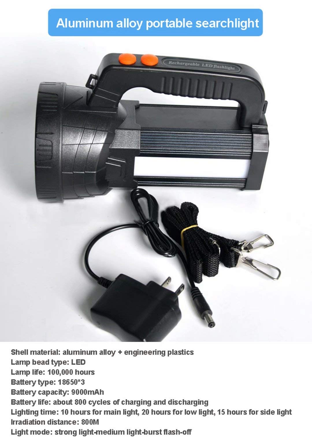 Torcia ricaricabile a LED 9000 mAh ad alta luminosità con luce laterale super luminosa per campeggio all'aperto escursionismo pesca, con tracolla