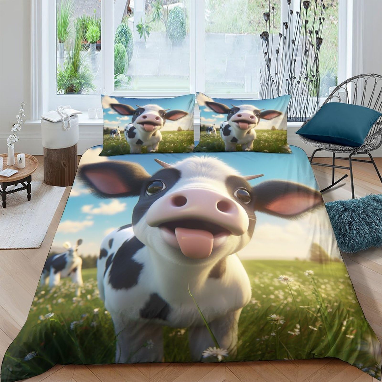 GAOYUCHUN Cartoon Cow Duvet Cover Sets 3 PCS Hotel Quality Quilt Cover Bedding Set Bed Covers with Pillowcases with Zipper Closure Ultra Soft Hypoallergenic Microfiber Double（200x200cm）