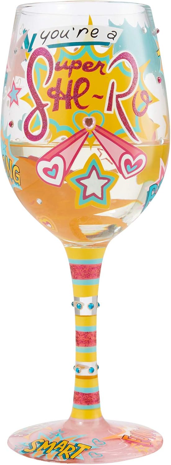 Enesco Designs by Lolita You're a Super She-Ro Artisan Hand-Painted Wine Glass, 15 Ounce, Multicolor