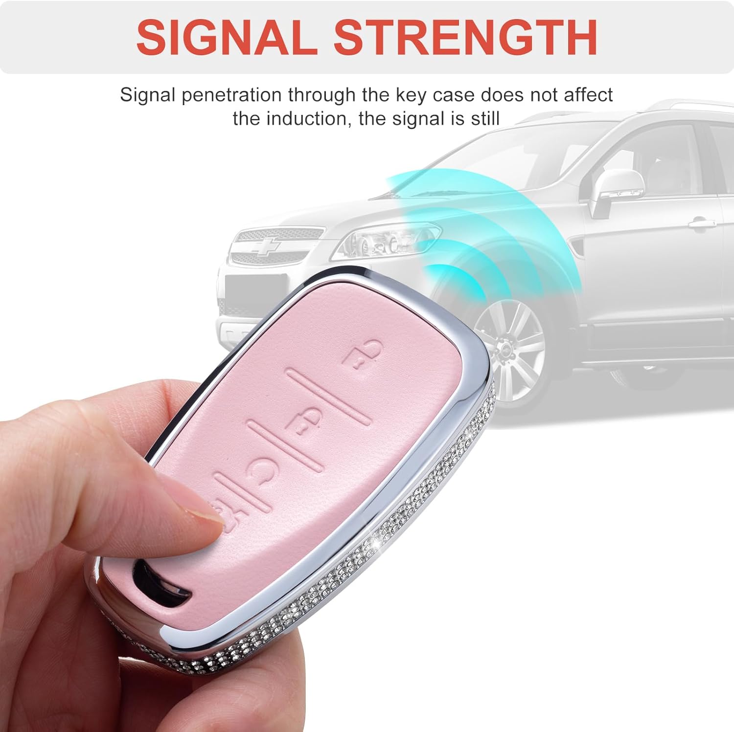 for Chevy Key Fob Cover with Keychain, Pink Leather Crystal Key Case Protection Shell Compatible with Chevrolet Equinox Malibu Cruze Camaro Tahoe Silverado Traverse Blazer Sonic (4 Button)