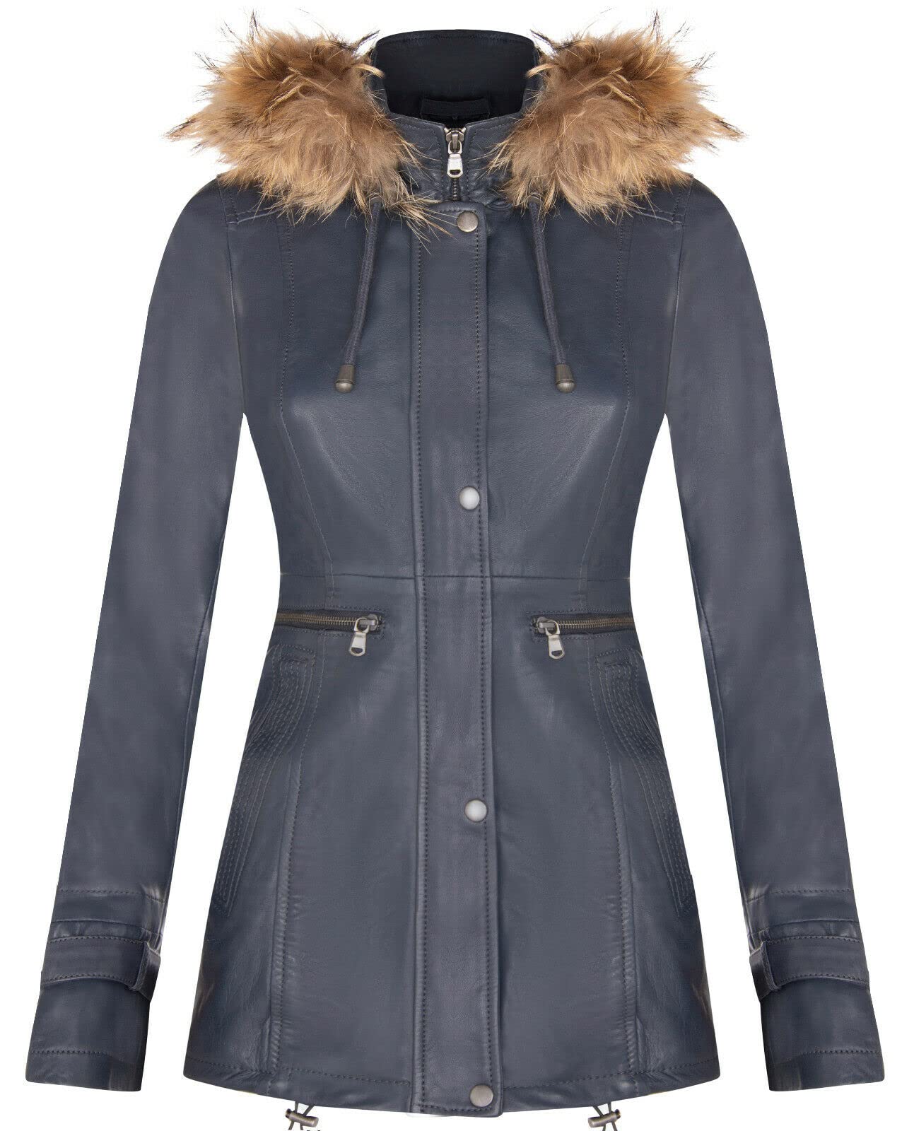 Infinity Leather Women's Navy Blue Warm Leather Jacket Detachable Hooded Parker Trench Coat 5XL