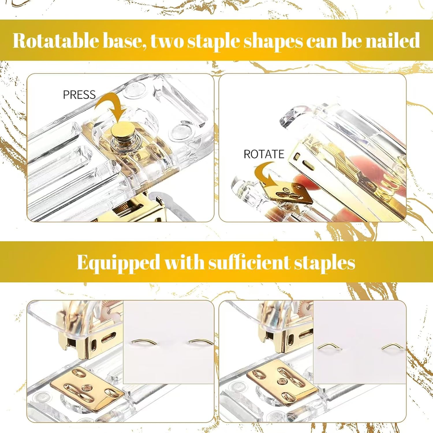 Acrylic Gold Tape Dispenser Gold Desktop Stapler Set, Office Supplies Includes Staple Remover, Tape Dispenser, Binder Clips, Paper Clips, Ballpoint Pen, Scissor, 1000pcs Staples Desk Accessory Kit