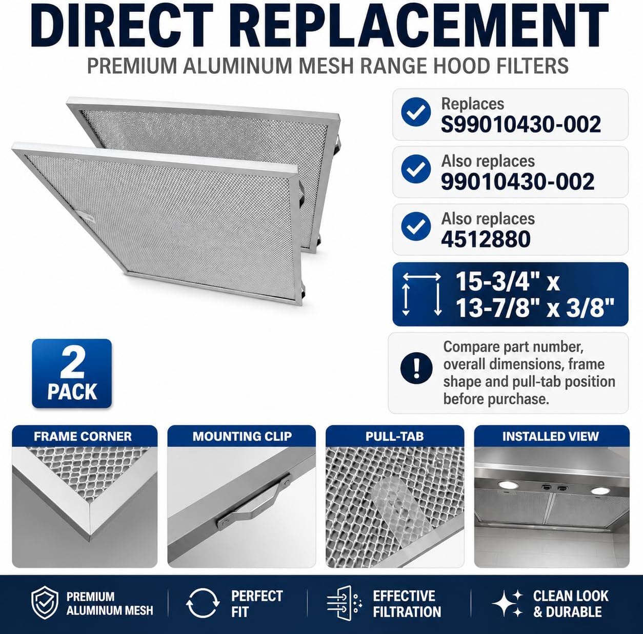 S99010430-002 Range Hood Grease Filter 2 Pack, 15-3/4" x 13-7/8" x 3/8" Aluminum Mesh Filters Compatible with Broan NuTone Kenmore Range Hoods, Replaces 99010430-002 4512880