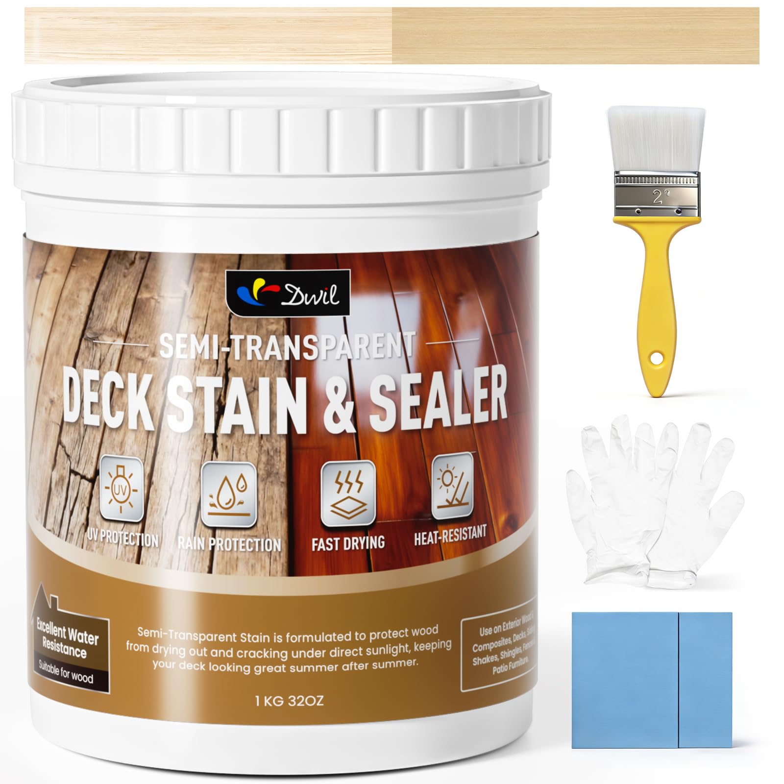 DWIL Water Based Wood Stain, Semi-Transparent Outdoor Wood Stain and Sealer in One, Fast Drying, Non-Toxic, Low Odor, Waterproof and Weather Resistant for All Wood Surfaces (32Oz Antique Brown)