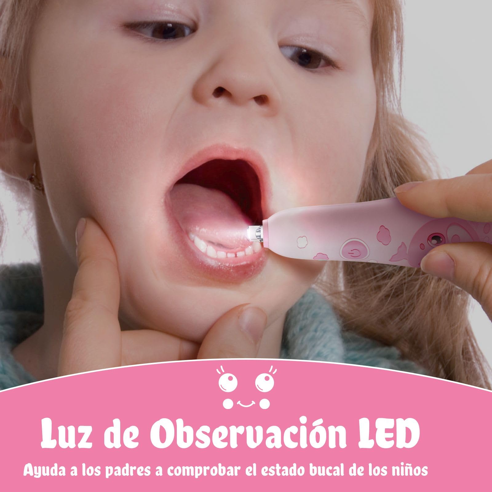 seago cepillo electrico infantil recargable, cepillo dientes bebe con luz LED, temporizador y 8 cabezal de recambio para niños mayores de 2 años, IPX7, SG2139(Rosa)