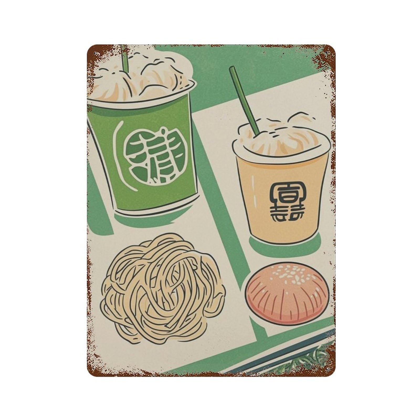 xiaoxiaoshen Asian Food Noodle Dumpling Pattern Kitchen Minimal Restaurant Wall Decor Art Metal Tin Poster Modern Home Decor Art Home Bar Shop Decorations Vintage Sign 40x30cm