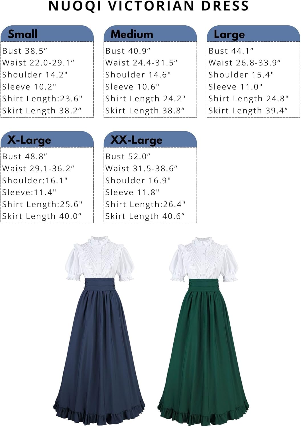 Nuoqi Womens Victorian Dress 2 Piece 1800s Edwardian Costume Vintage Short Sleeve Blouse Long Skirt