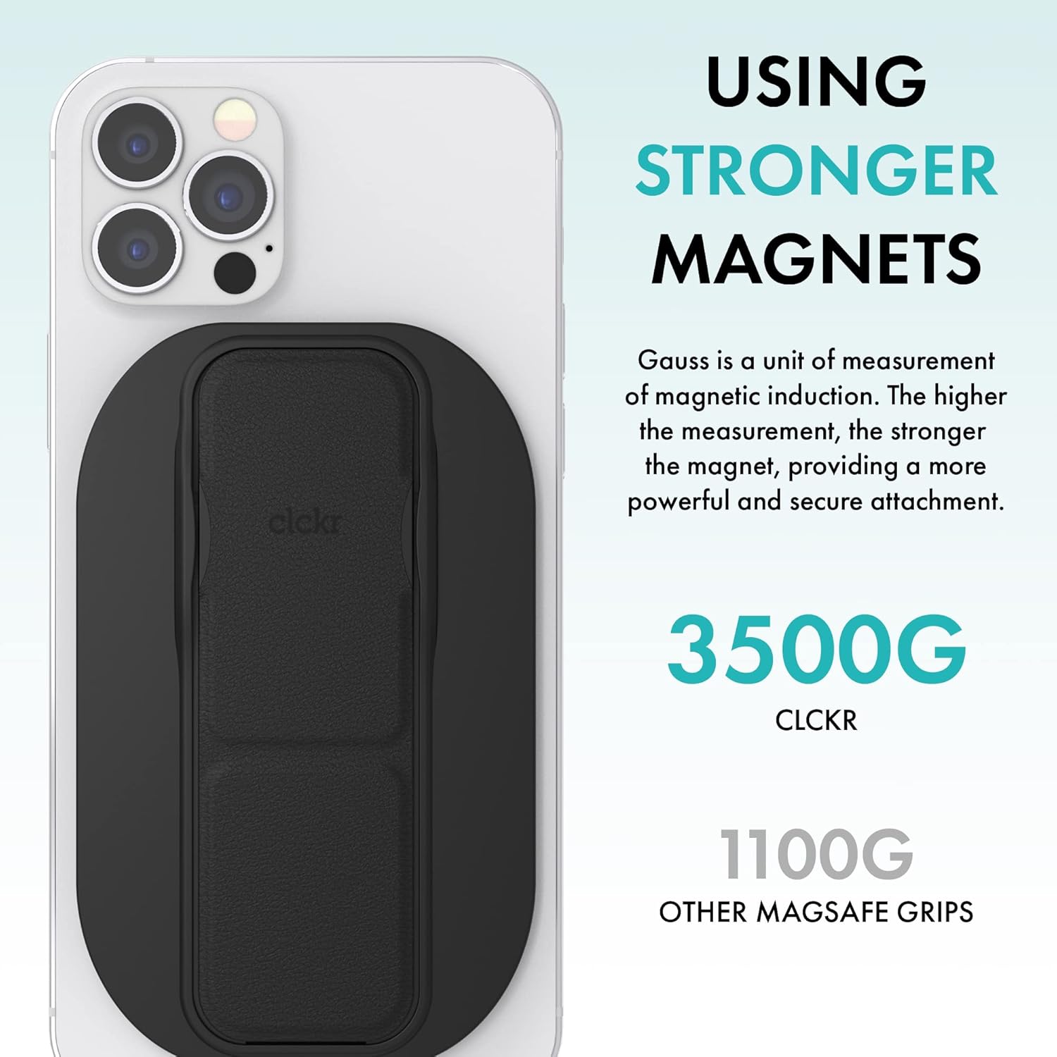 CLCKR Cell Phone Kickstand Compatible with MagSafe iPhone 12 and iPhone 13 Series, Removable Magnetic Mobile Phone Hand Grip Holder, Finger Strap, 3500G Strength Magnet for Extra Strong Mount, Black