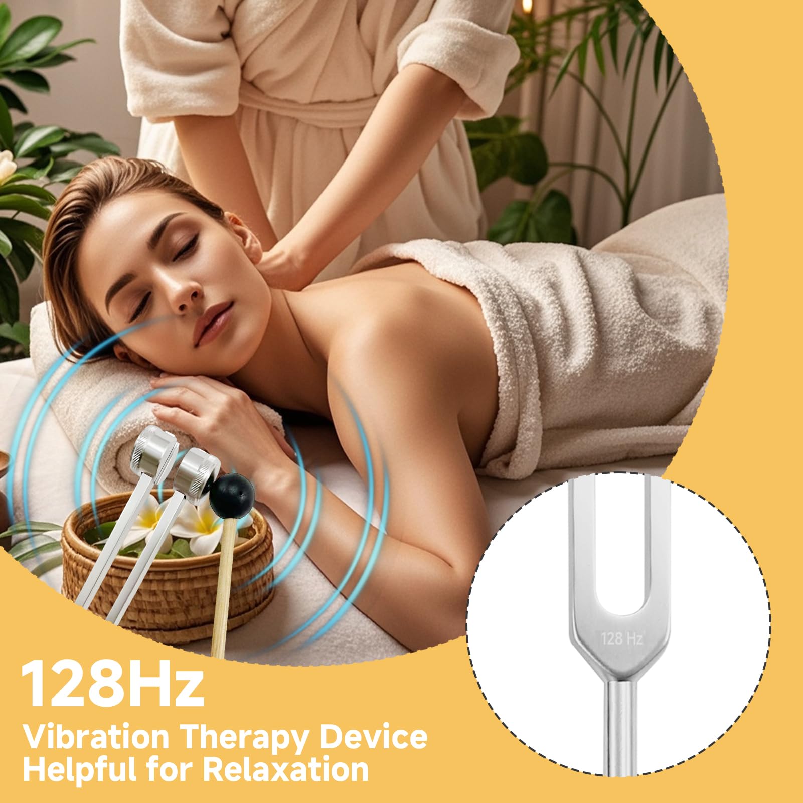 5 Diapasón terapéutico 128 Hz con martillo de silicona, Diapasón vibratorio de aleación de aluminio, kit con bolsa y paño de limpieza para relajación, meditación, equilibrio vibratorio