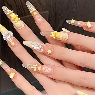 ネイルチップ 黄色 ロング つけ爪 ギャル 韓国 かわいい 地雷系 手作り イエロー シンプル アーモンド (イエロー1, ロング)