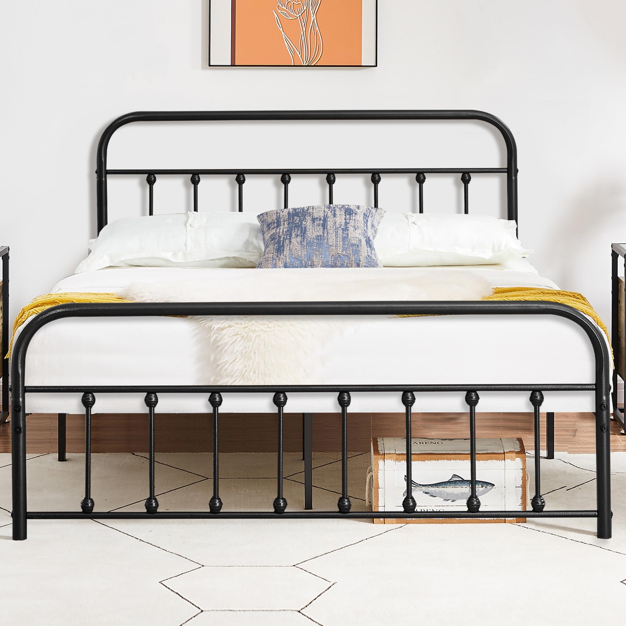 VECELO Full Size Victorian Style Metal Bed Frame with Headboard Classic Metal Platform Bed Frame Mattress Foundation with Footboard/Under Bed Storage/No Box Spring Black