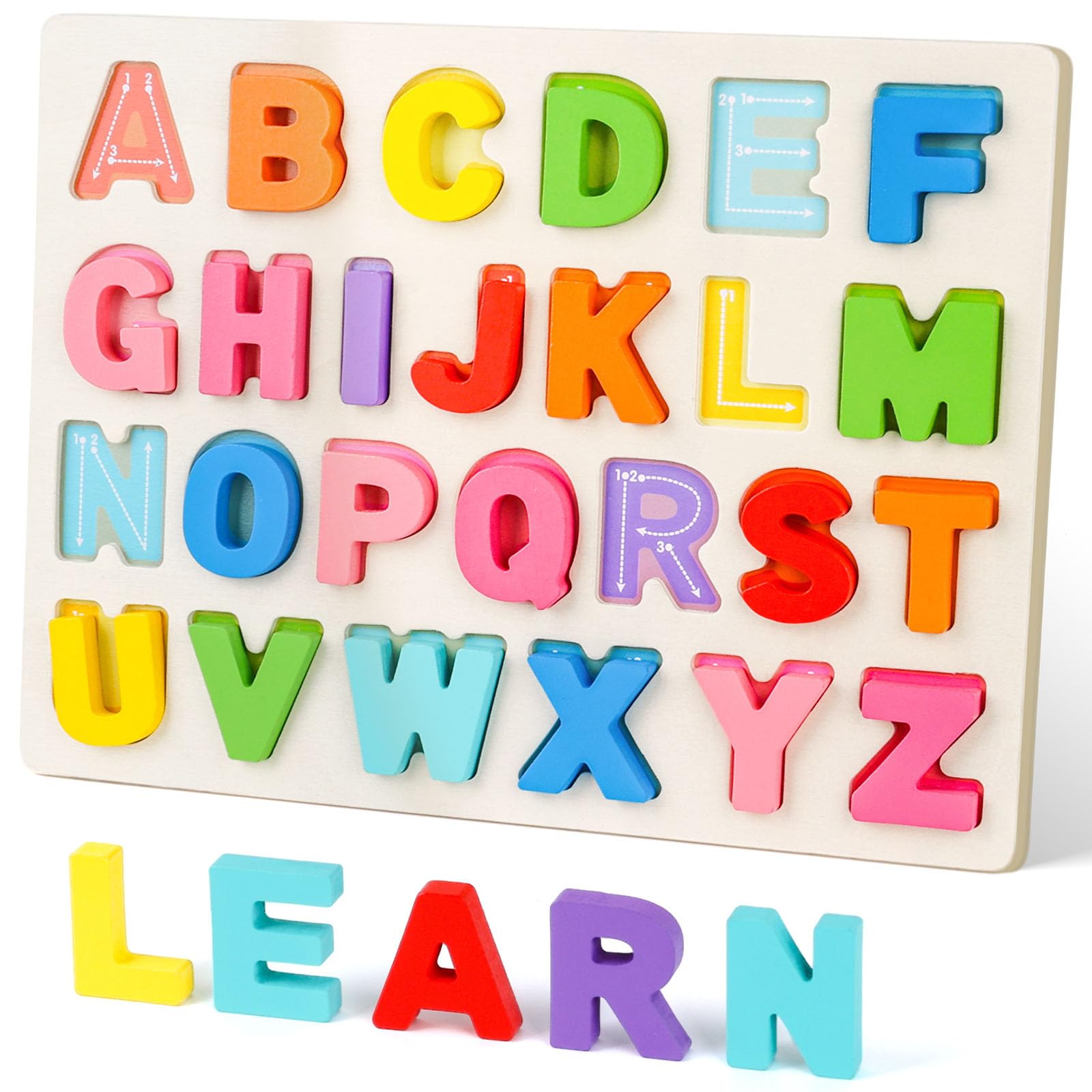 Amor Present Preschool Learning Toys,ABC Wooden Alphabet Puzzle Board for Toddlers, Educational Montessori Letters Game