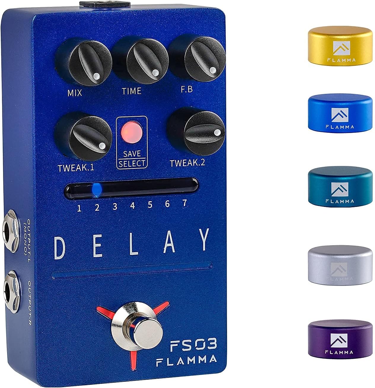 FLAMMA FS03 Delay Effects Pedal with 5 Pcs Metal Guitar Pedal Footswitch Toppers Ons-Step Installation