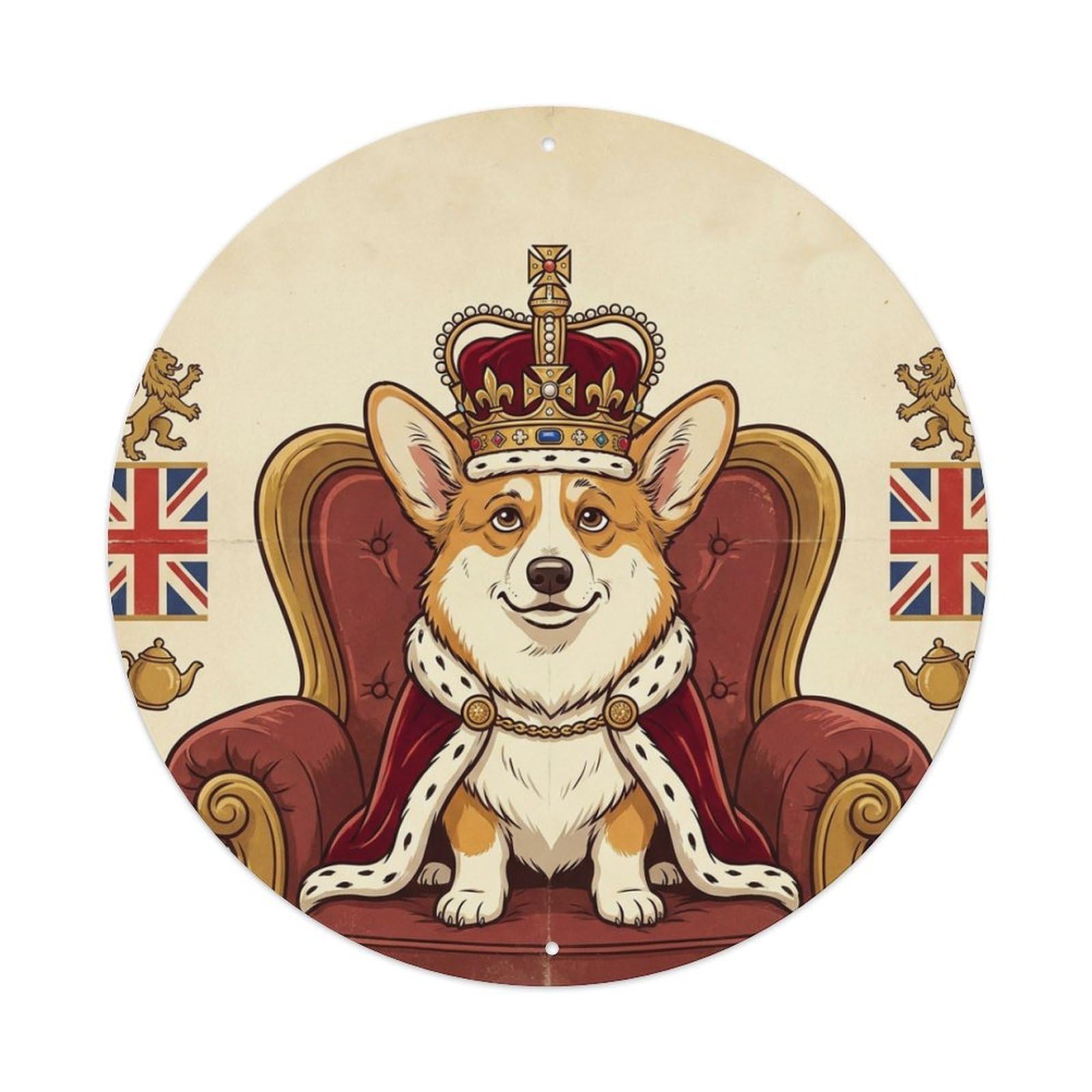 Pet Animal Royal Corgi Crown Throne British Humor Cute Vintage Metal Tin Sign Plaque Wall Decor for Cafe, Man Cave, Club Bar, Office, Home Garden Round Metal Poster 8x8Inch