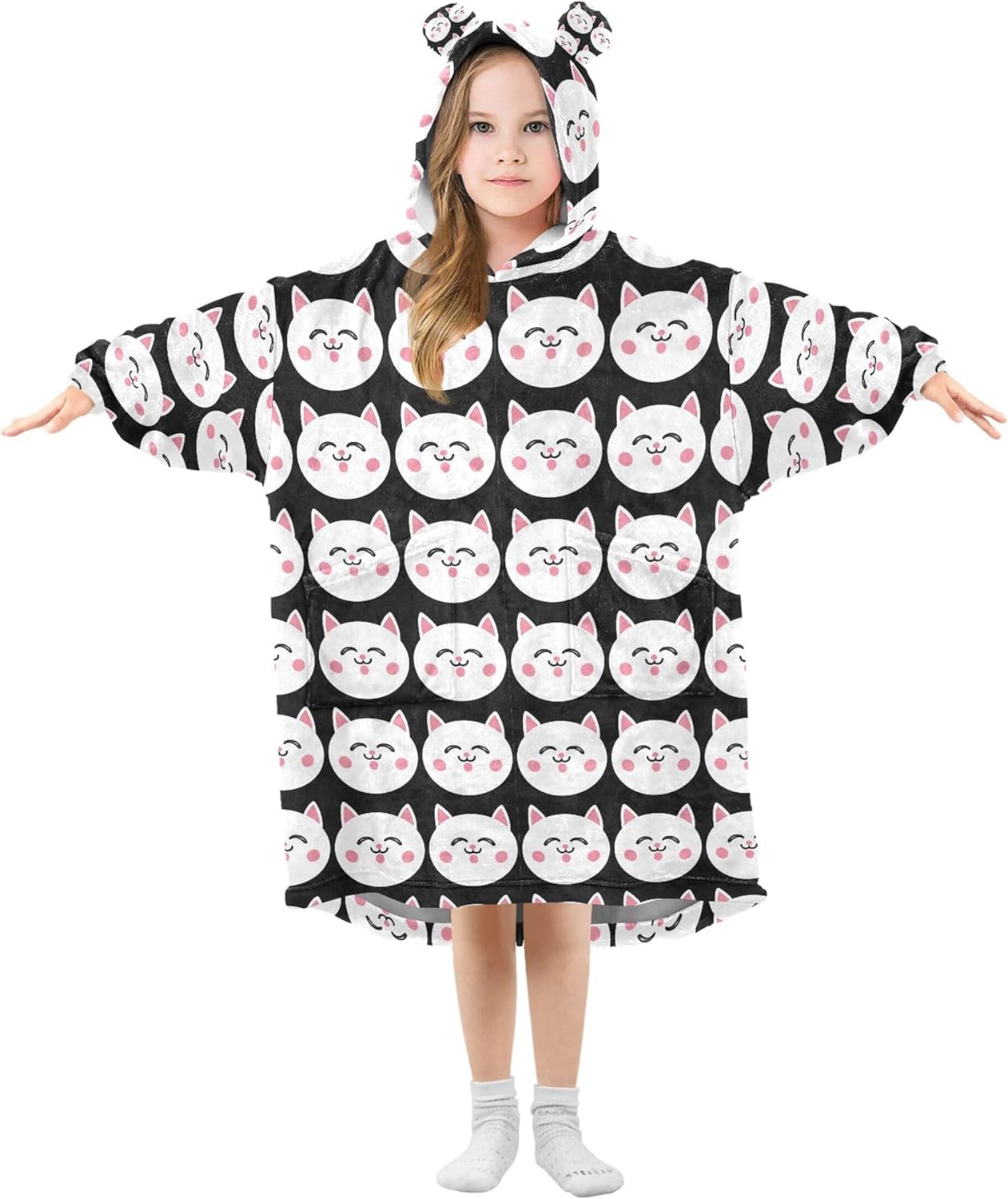 Cute Cat Kids Wearable Blanket Hoodie with Pocket and Sleeves for Toddlers, Cute Hoodies 3-14 Year Girls Boys B0404921