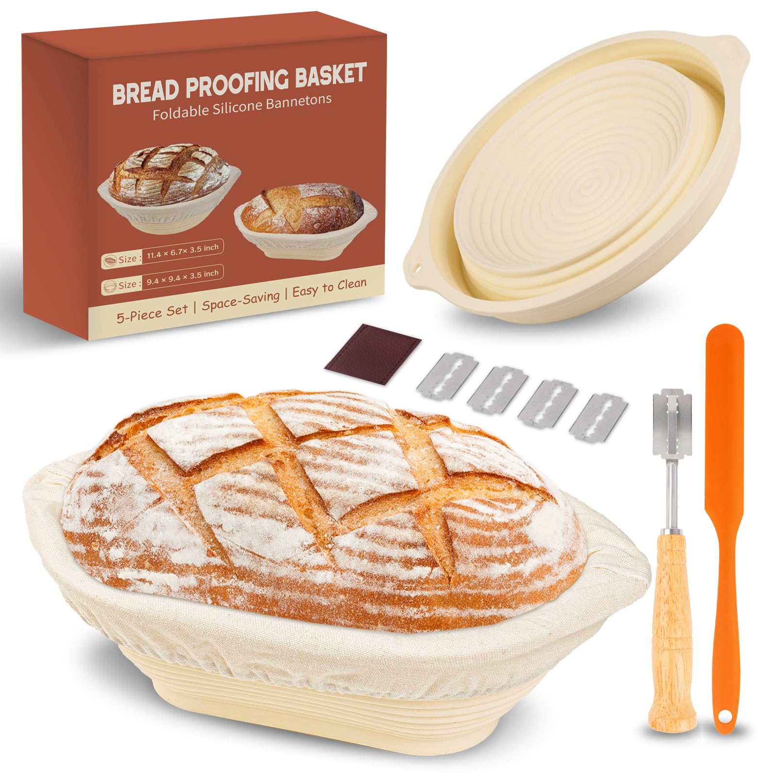 Cestino Lievitazione Pane, Set Panificazione in Silicone Pieghevole con 2 Cestini Rotondo e Ovale, Fodere in Tessuto, Coltello da Pane con 5 Lame, Raschietto e Guida di 8 Giorni