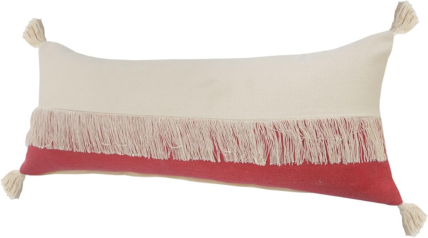 CC Home Furnishings 36" Red and White Fringe Color Block Lumbar Throw Pillow