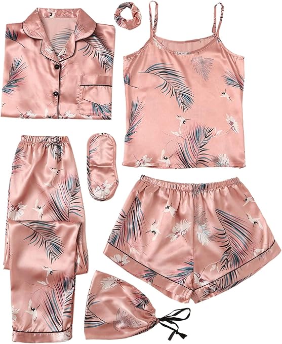 SheIn Women's 7pcs Pajama Set Cami Pjs with Shirt and Eye Mask
