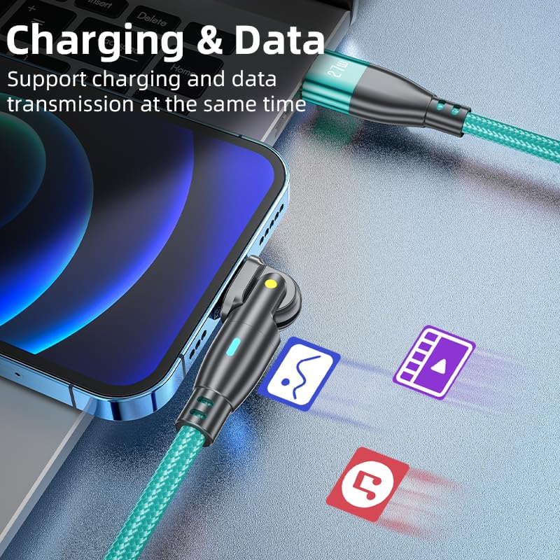 Algasan PD 27W USB C Fast Charging Charger Cable for iPhone 15 14 13 12 11 Pro Max Phone Power Adapter Type C Charging Cable Accessories 180 Degrees (Green, 2M)