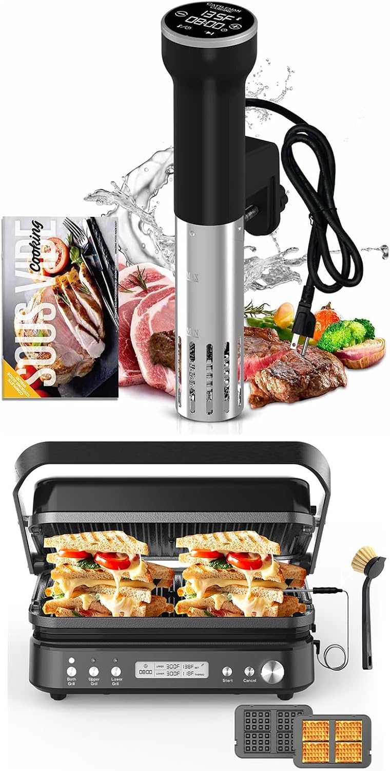 Sous Vide Cooker WiFi & 6 in 1 Indoor Grill & Electric Griddle with Meat Thermometer, PFAS Free Ceramic Nonstick