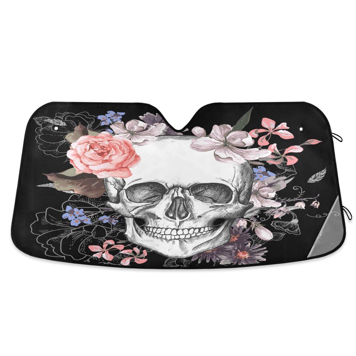 Photo 1 of Qilmy Flower Skull Car Windshield Sunshade Foldable Auto Front Window Sun Shade Blocks UV Rays Heat Protection Visor 55 x 27.6 Inch