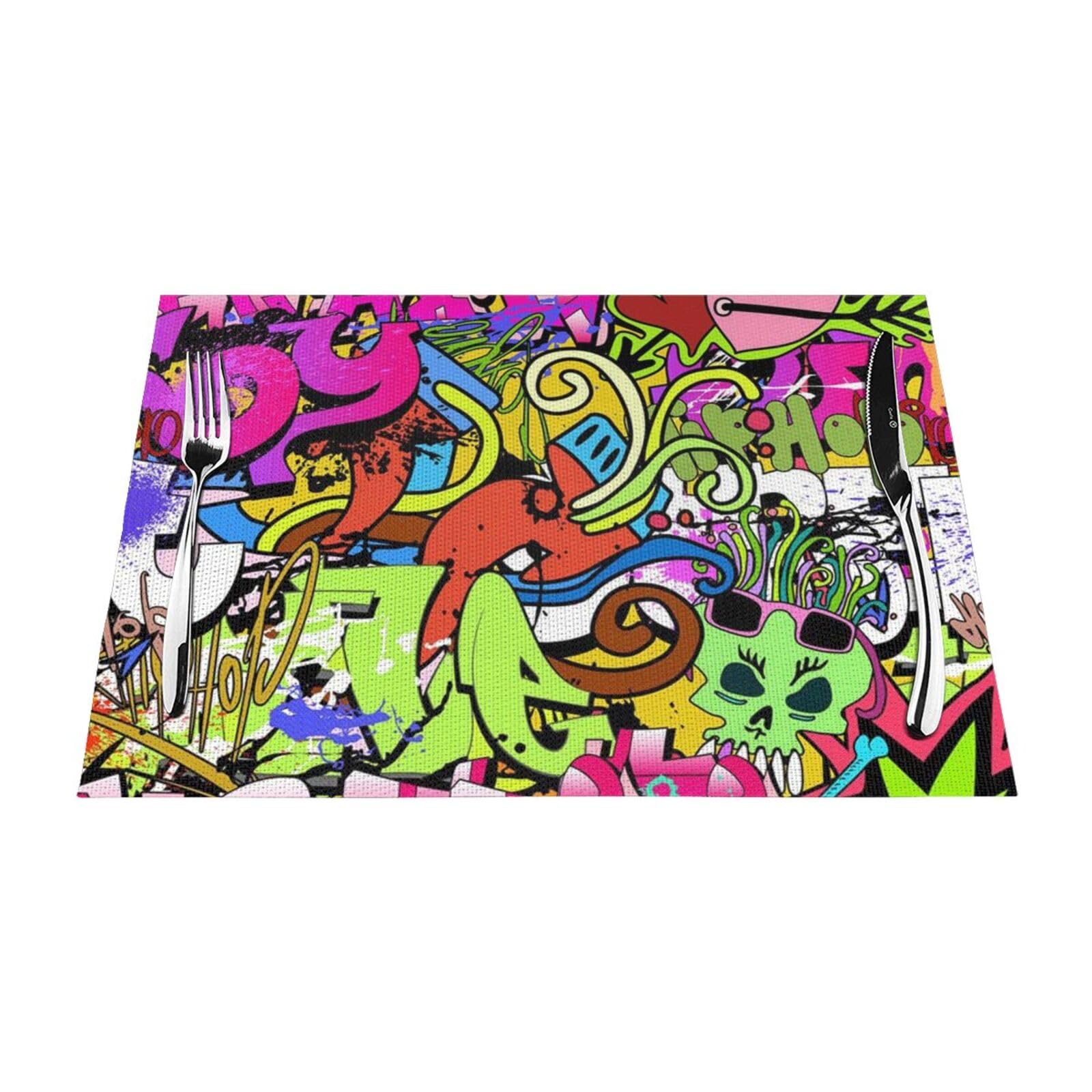 PVC Placemat Set of 1 PCS, 45x30 CM, Graffiti Drawing Printed Non-Slip Heat Resistant Place Mats for Kitchen Dining Table Indoor Outdoor