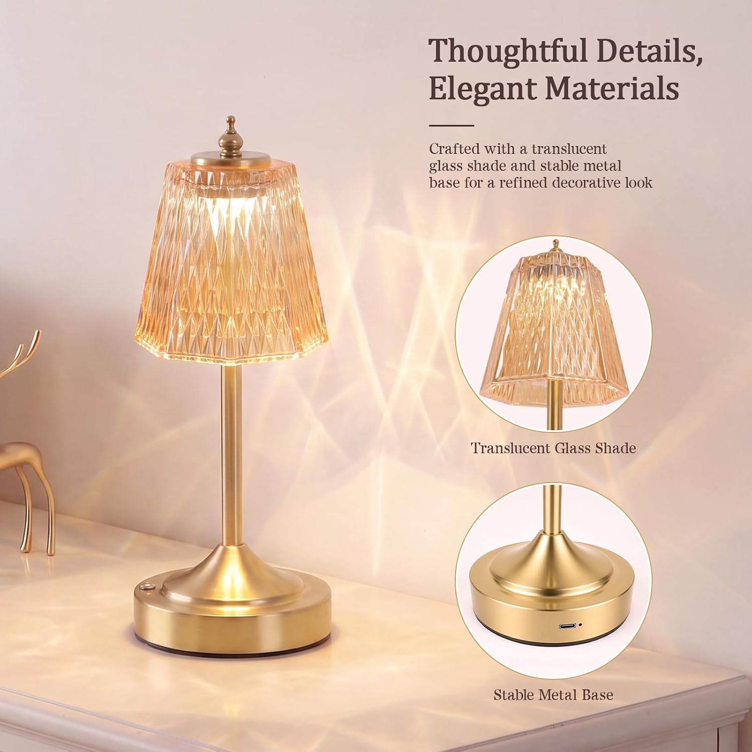 Cordless Table Lamp, Rechargeable Gold Faceted Glass Touch Lamp image 5
