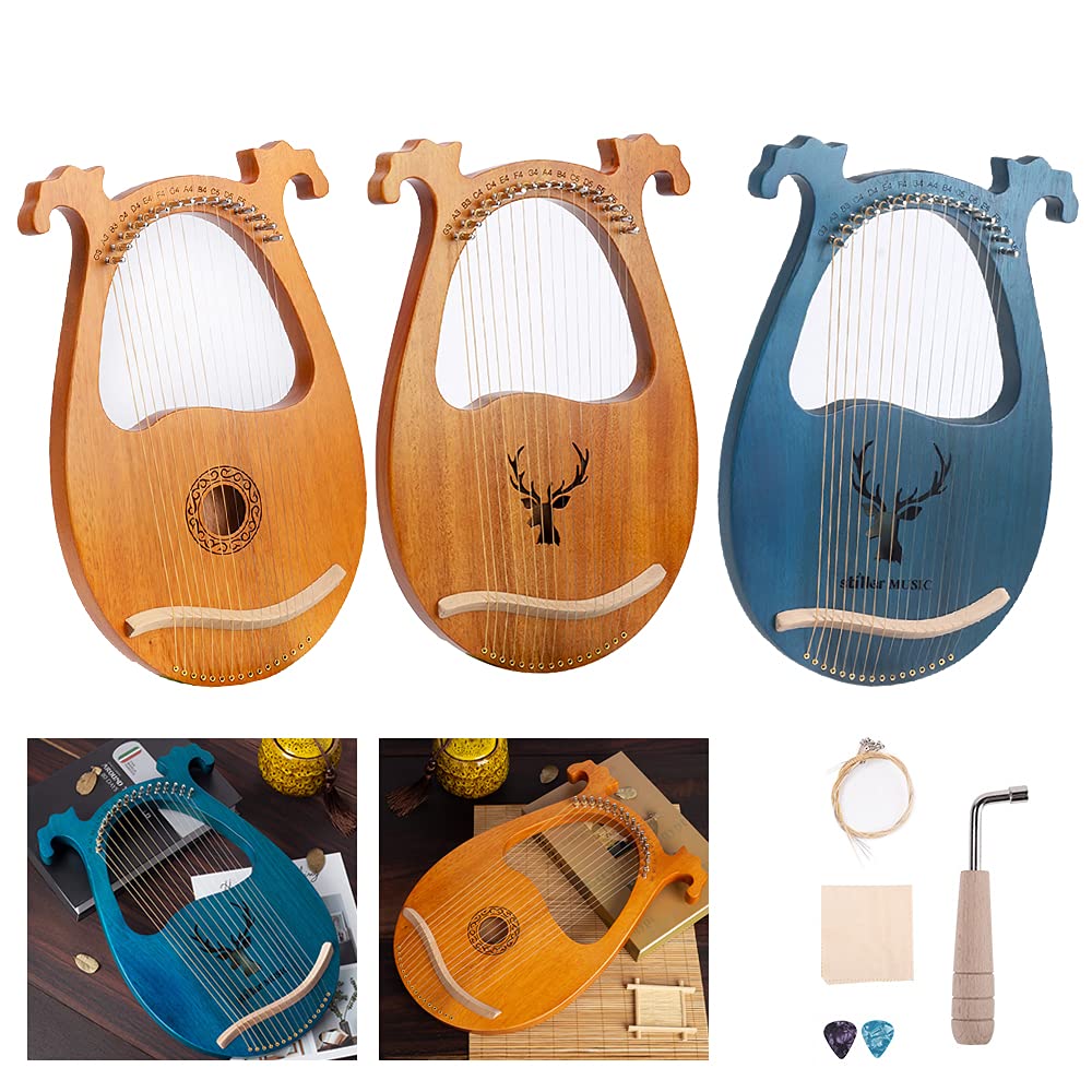 Instrument à Cordes en Acajou Massif Lyre Portable à 16 Cordes avec Clef d'accordage Sculptée, Touches de Notes, Micro (Couleur Bois - Motif)