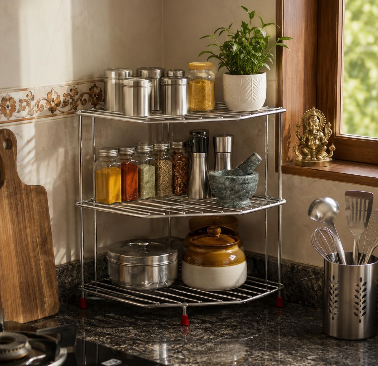 Stainless Steel Kitchen Corner Rack - Storage Shelf for Plates, Bowls and Cups - Countertop Organizer (Corner Stand)-image-12