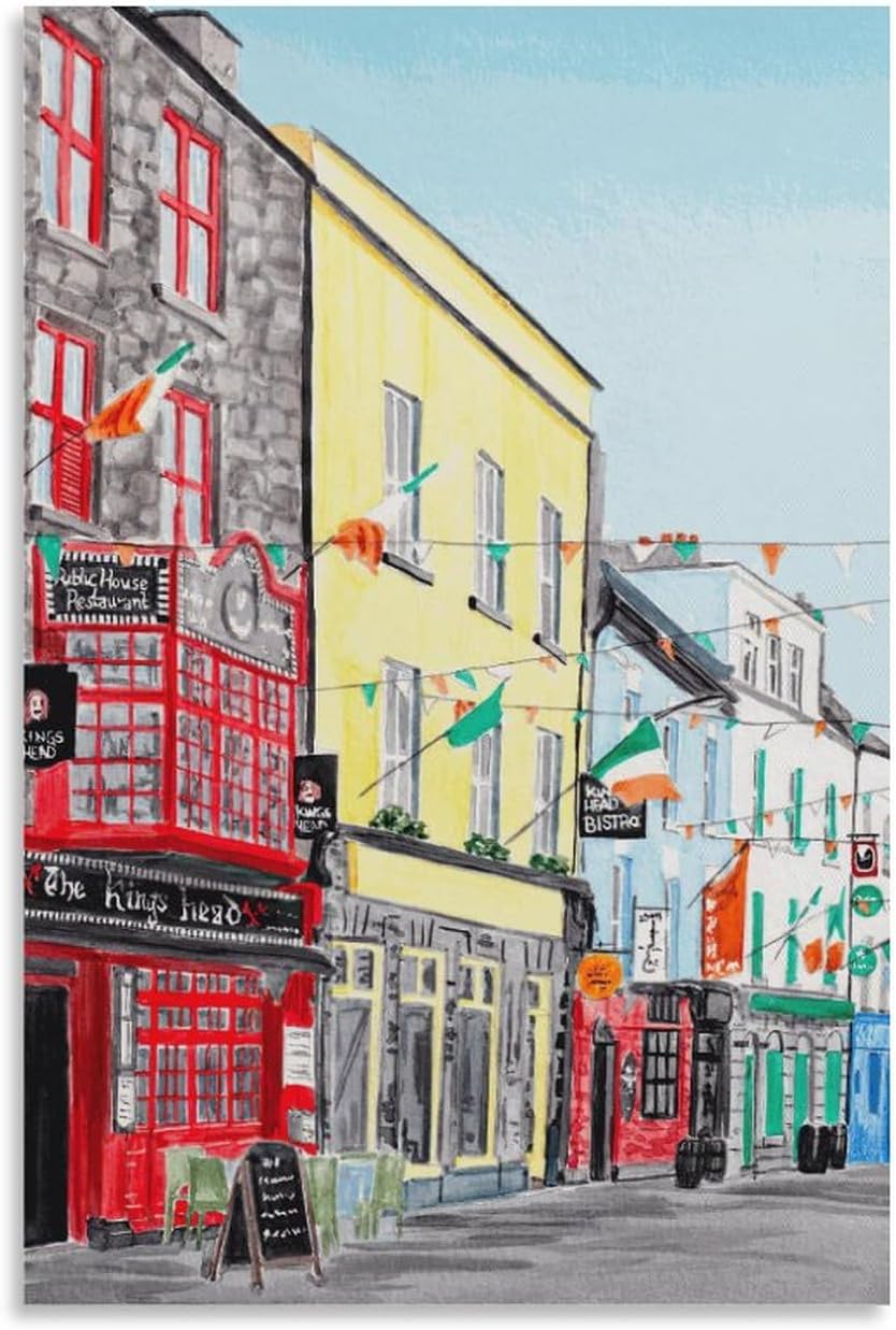 Galway Prints, Irish Wall Art, Galway Cityscape, Watercolor Prints, European Prints, Travel Gifts Canvas Painting Posters And Prints Wall Art Pictures for Living Room Bedroom Decor 08x12inch(20x30cm)