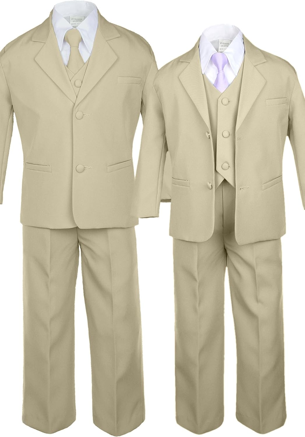 6pc Boy Khaki Vest Set Formal Tuxedo Suits with Satin Lilac Necktie Baby to Teen