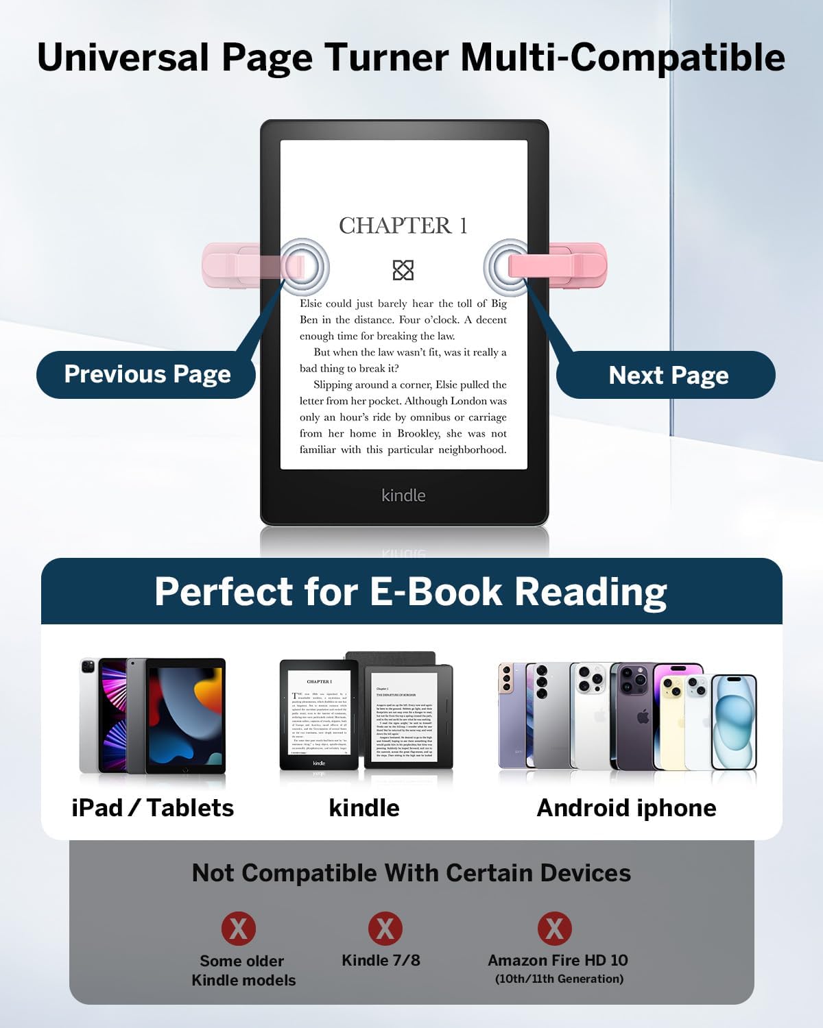 DATAFY Page Turner Ring for Kindle Paperwhite Scribe Kobo | Case-Friendly Fits Cases up to 0.73", RF Remote for Kindle, Kobo, iPad & iPhone, Storage Bag Included