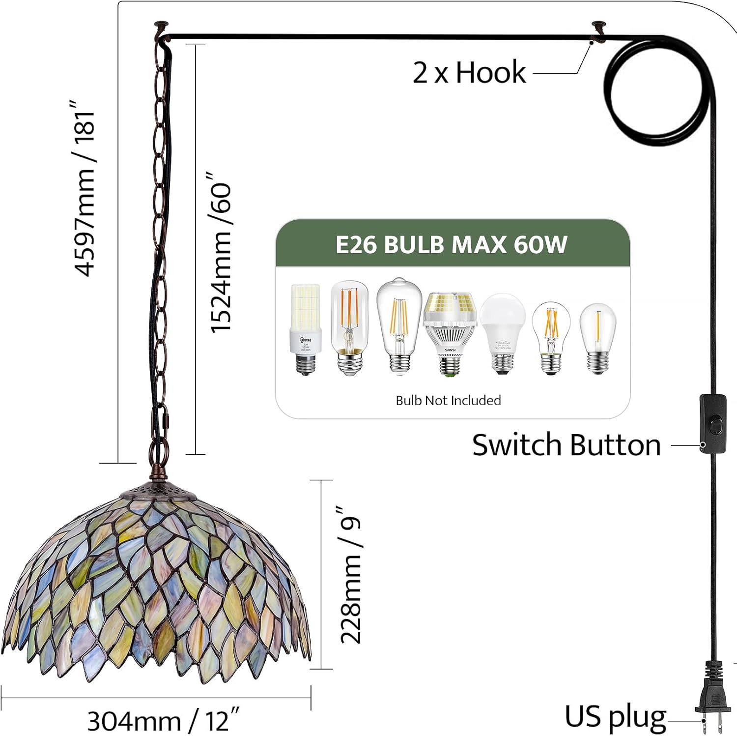 Tiffany Style Stained Glass Pendant Light Plug in, 12" Wide Wisteria Design Hanging Lamp, 60 Inch Chain 15 Feet Cord Living Dining Room Bedroom Kitchen Home Office (Green)