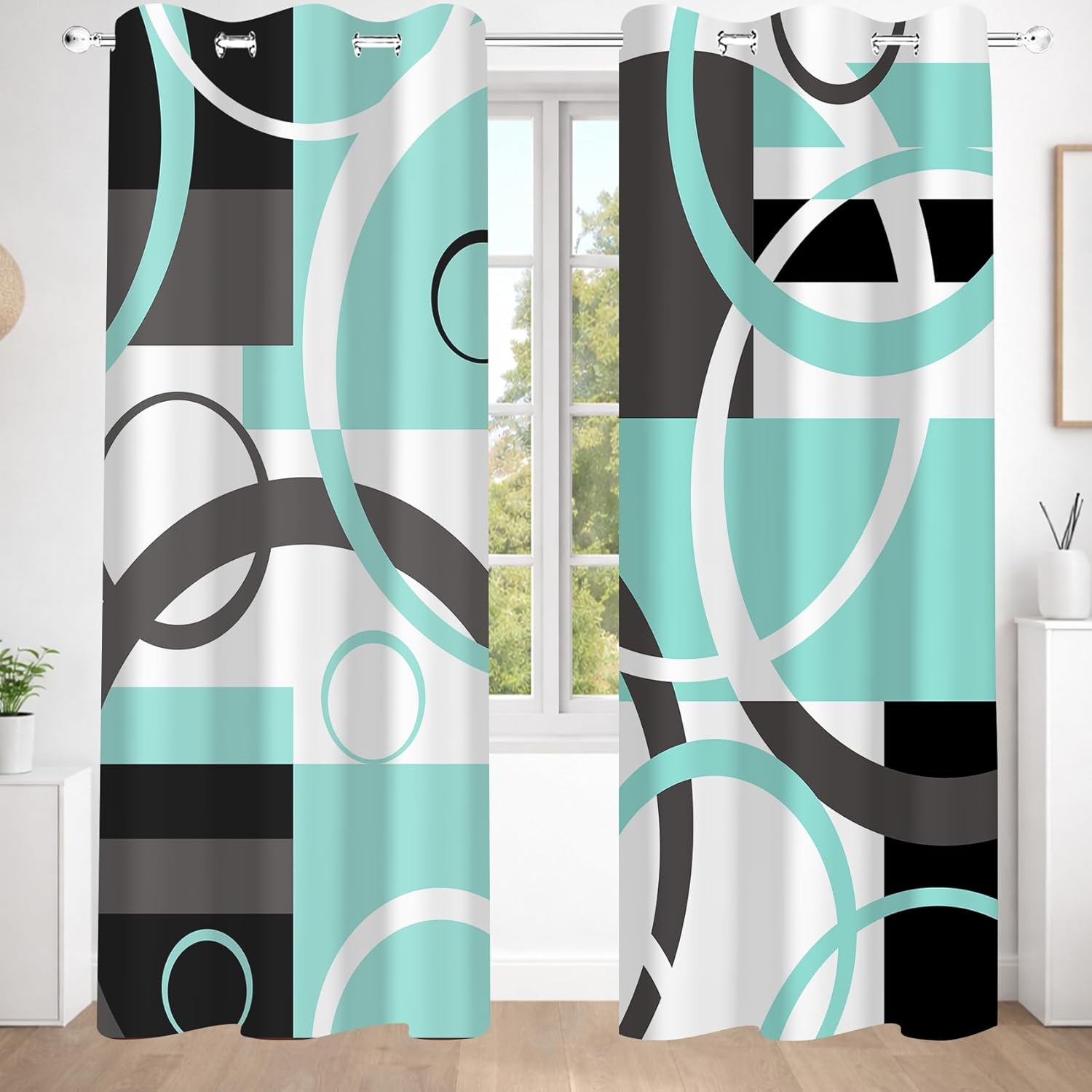 Abstract Geometric Turquoise Curtains for Living Room, Teal Black and Grey Circle Room Darkening Curtains Modern Minimalist Window Curtain Panels for Bedroom Decor, 2 Panels Set 42 X 84 inch