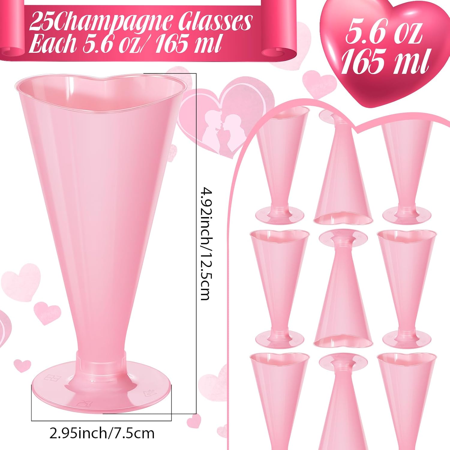50 Pcs Valentine's Day Cups Valentine Shot Glasses 5.6 oz Heart Shaped Champagne Flutes Disposable Plastic Pink Red Heart Wine Glasses Cocktail Drinking for Birthday Wedding Party (Pink) - Image 4