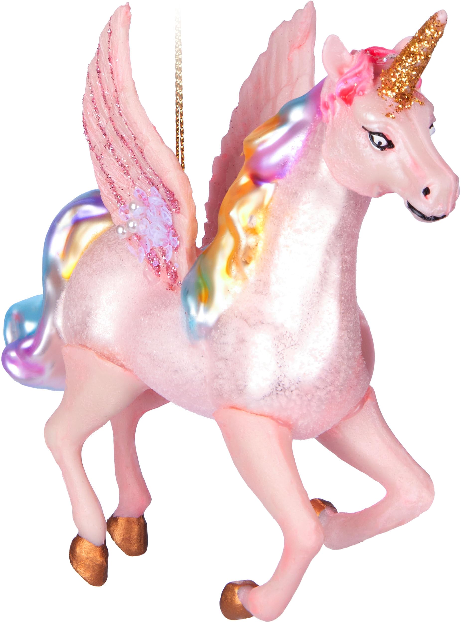 BRUBAKER Flying Unicorn - Glass Christmas Bauble with Rainbow Mane and Wings - Hand-Painted and Mouth-Blown - Humorous Tree Decoration Figure - Funny Hanging Ornament - 5.1 inches (13 cm)