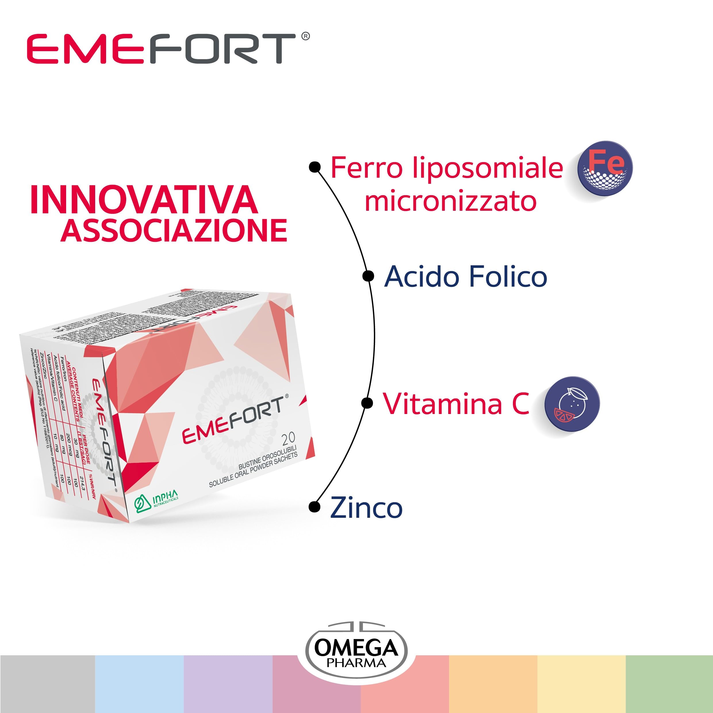 EMEFORT® Carenza di Ferro -Ferro, Vitamina C, Zinco, Acido Folico -Riduce Stanchezza e Affaticamento -Integratore Liposomiale Senza Glutine e Lattosio ● GUSTO LIMONE ● 20 BUST. OROSOLUBILI ●INPHA 2000