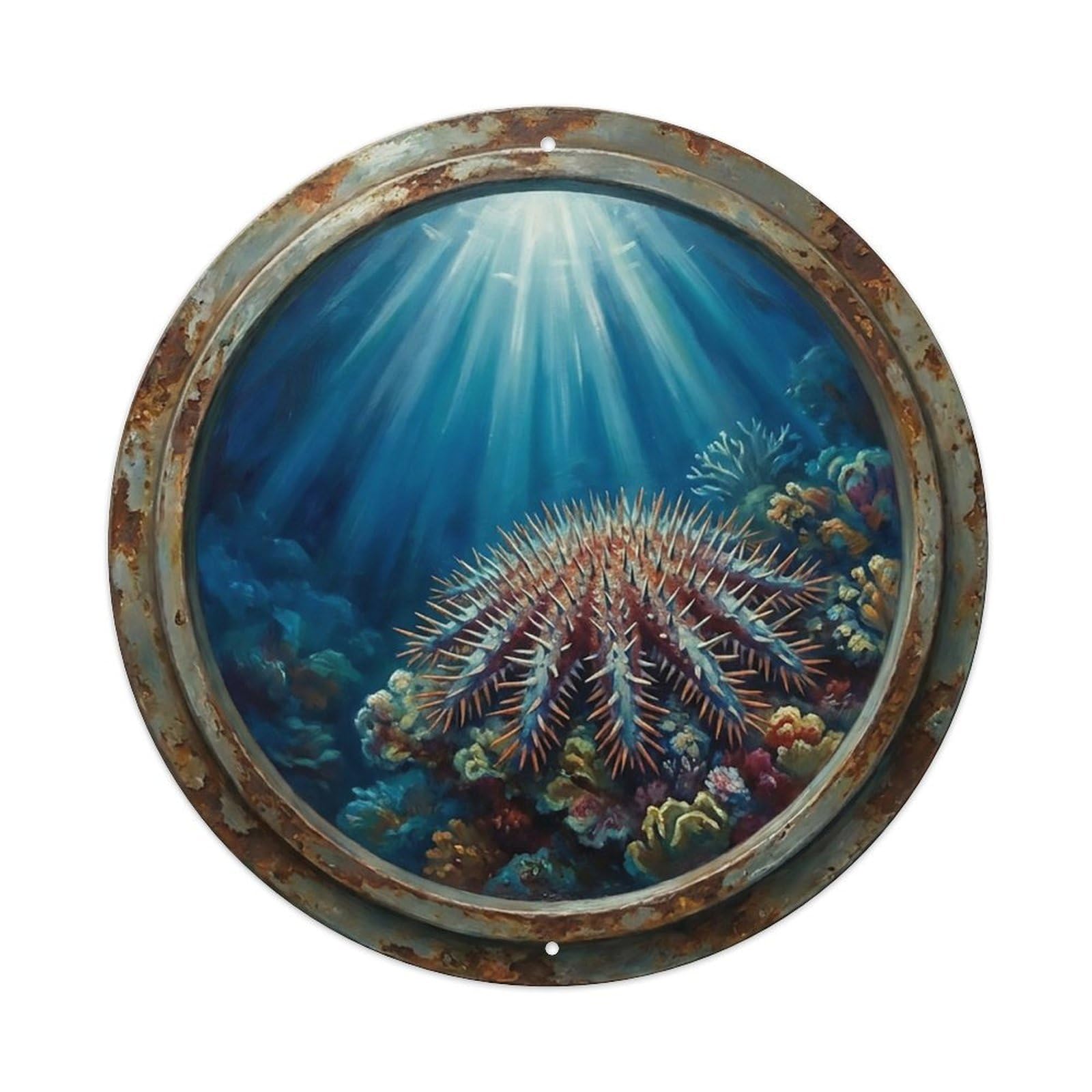 Vintage Porthole Crown Thorns Spiny Ship Window Undersea Deep Sea Metal Tin Sign