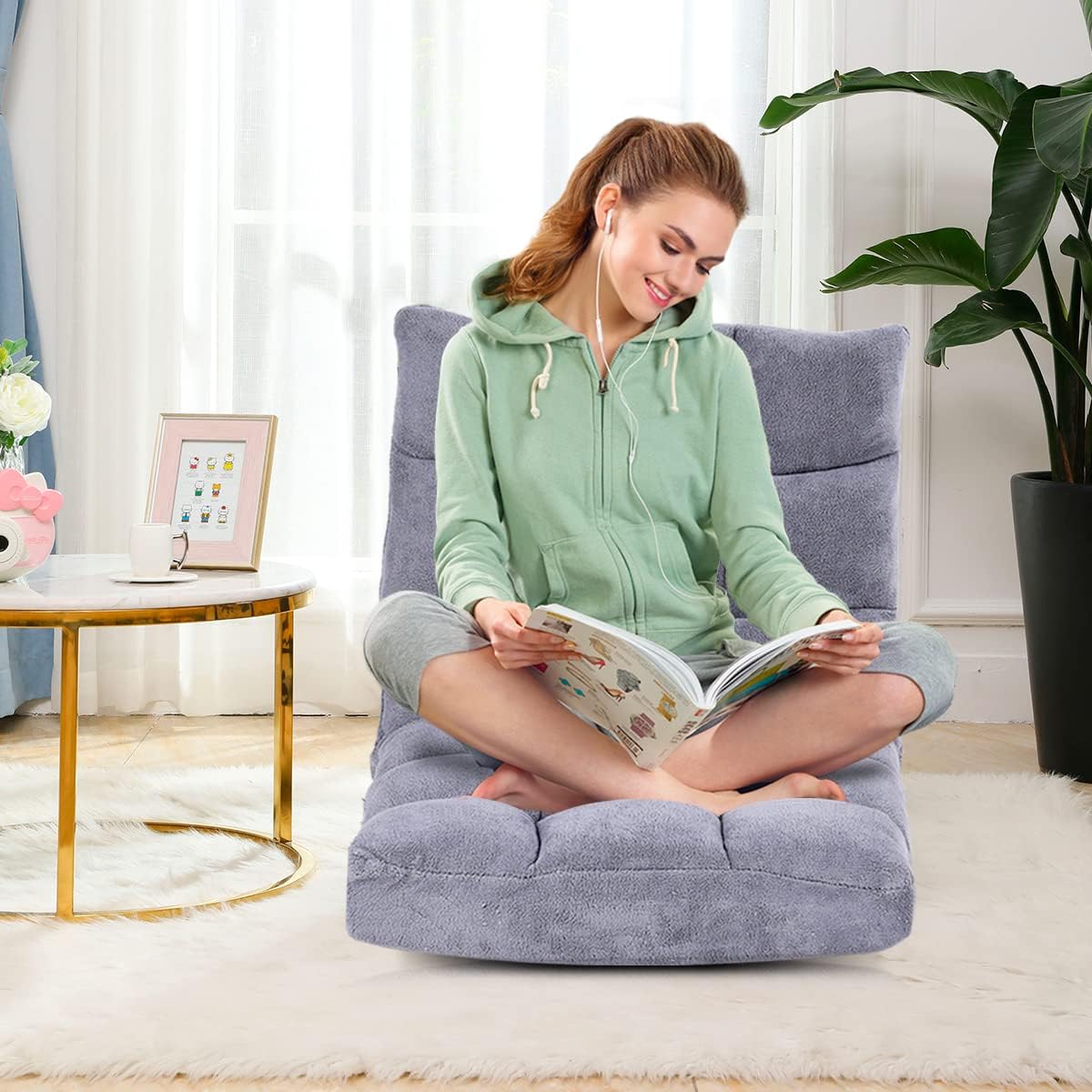 Giantex Floor Chairs for Adults - Floor Gaming Chair with Back Support, 14 Adjustable Position, Coral Velvet Cover and Thick Sponge Padding, Floor Seating Lounge for Reading, Watching TV (Silver Grey)
